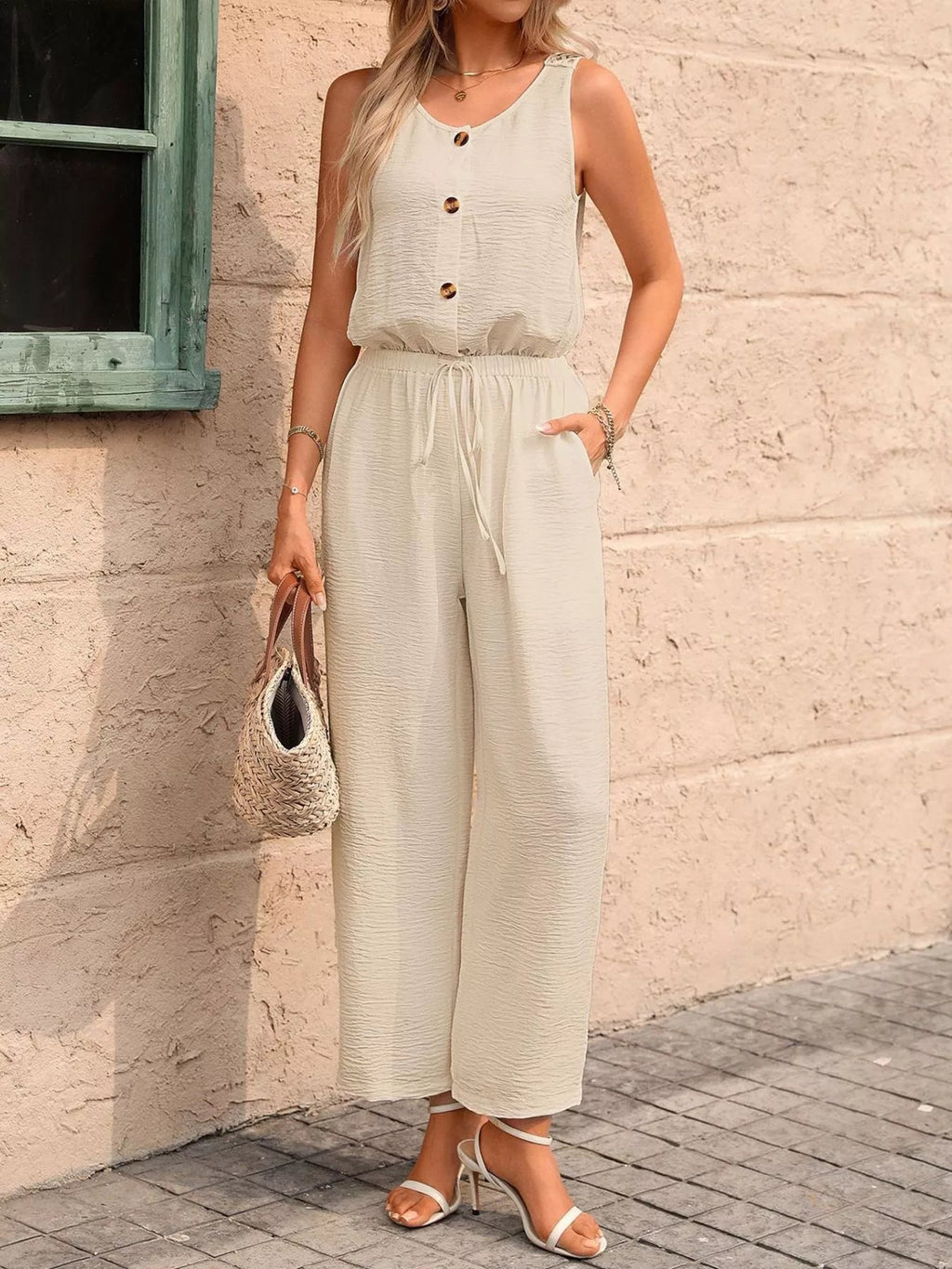 Sleeveless Button-Front Wide Leg Jumpsuit - ShopNQlik