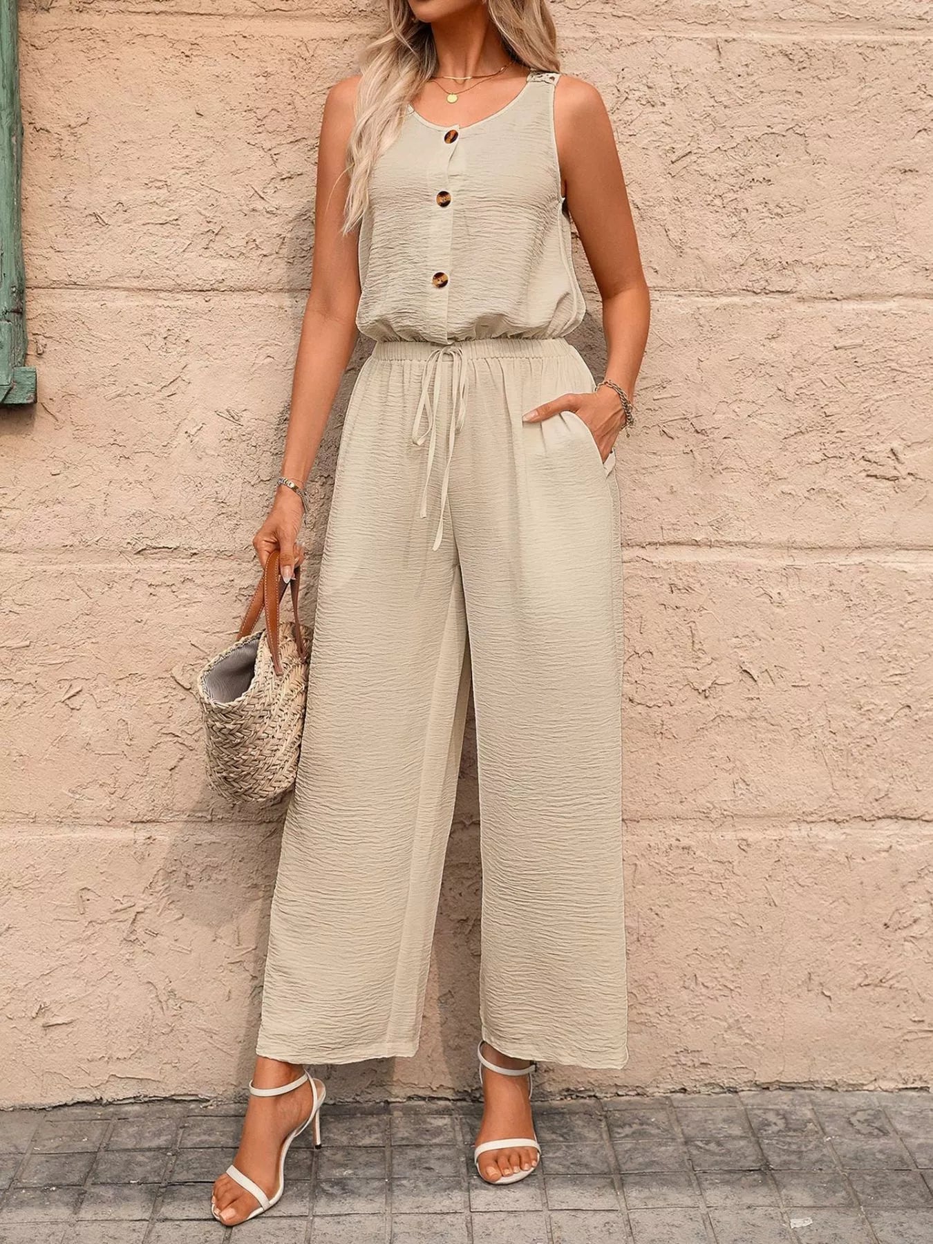 Sleeveless Button-Front Wide Leg Jumpsuit - ShopNQlik