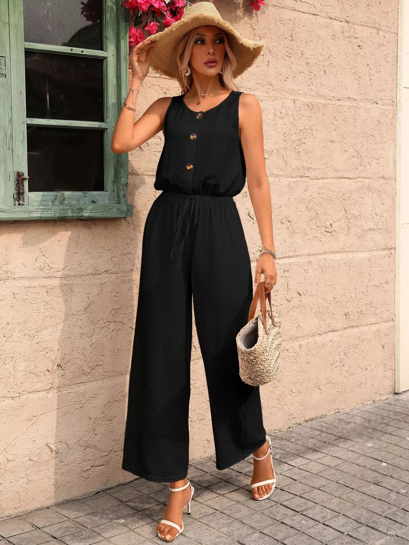 Sleeveless Button-Front Wide Leg Jumpsuit - ShopNQlik