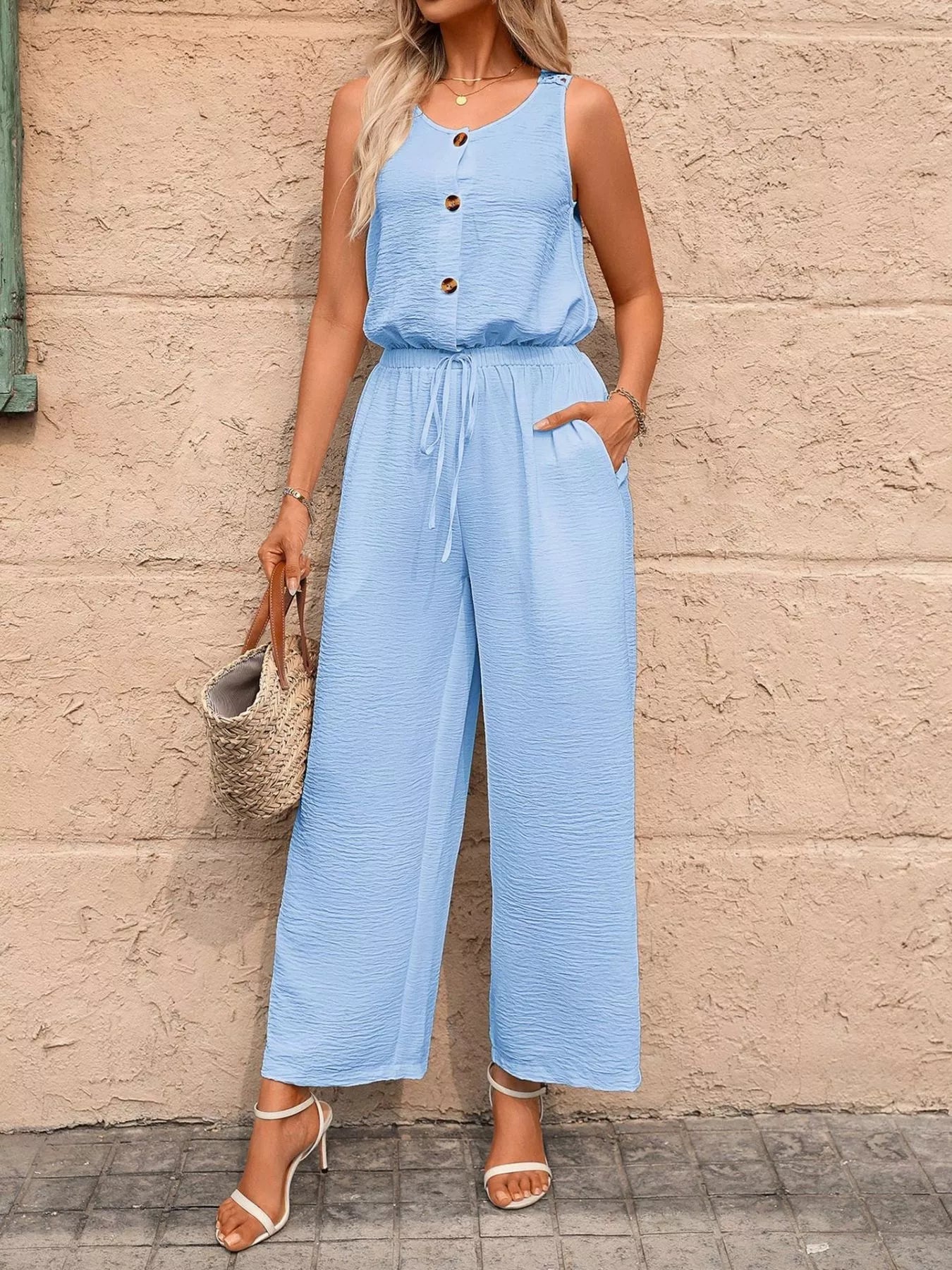 Sleeveless Button-Front Wide Leg Jumpsuit - ShopNQlik