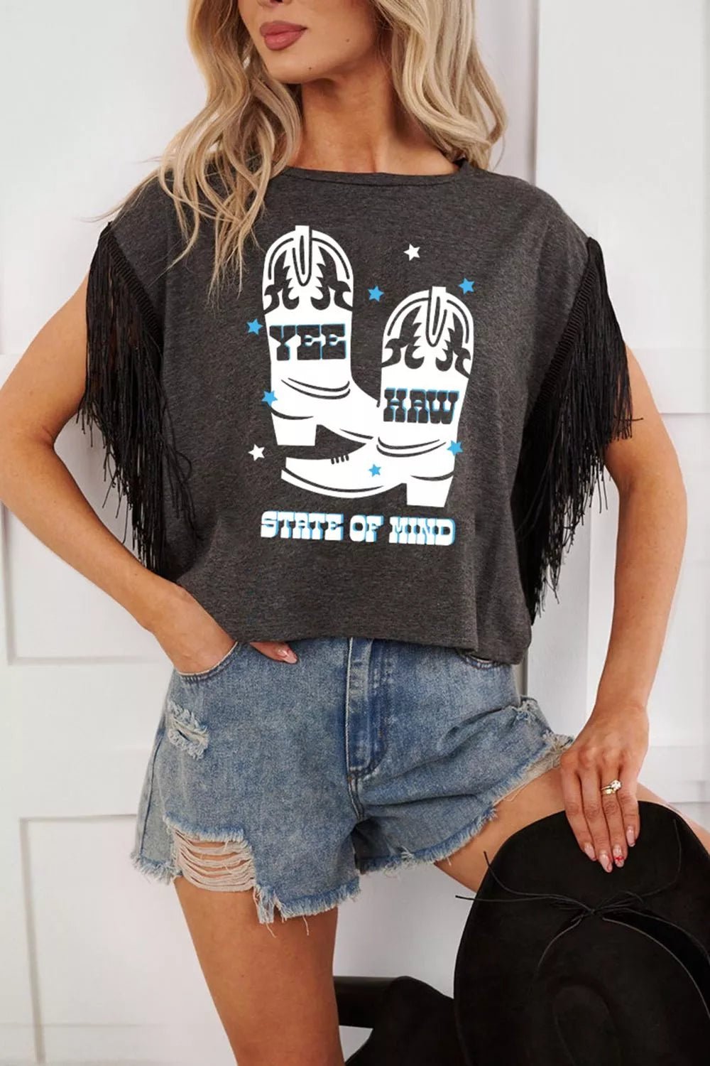 State of Mind Boots Graphic Tee | Fringe Detail | Black - ShopNQlik