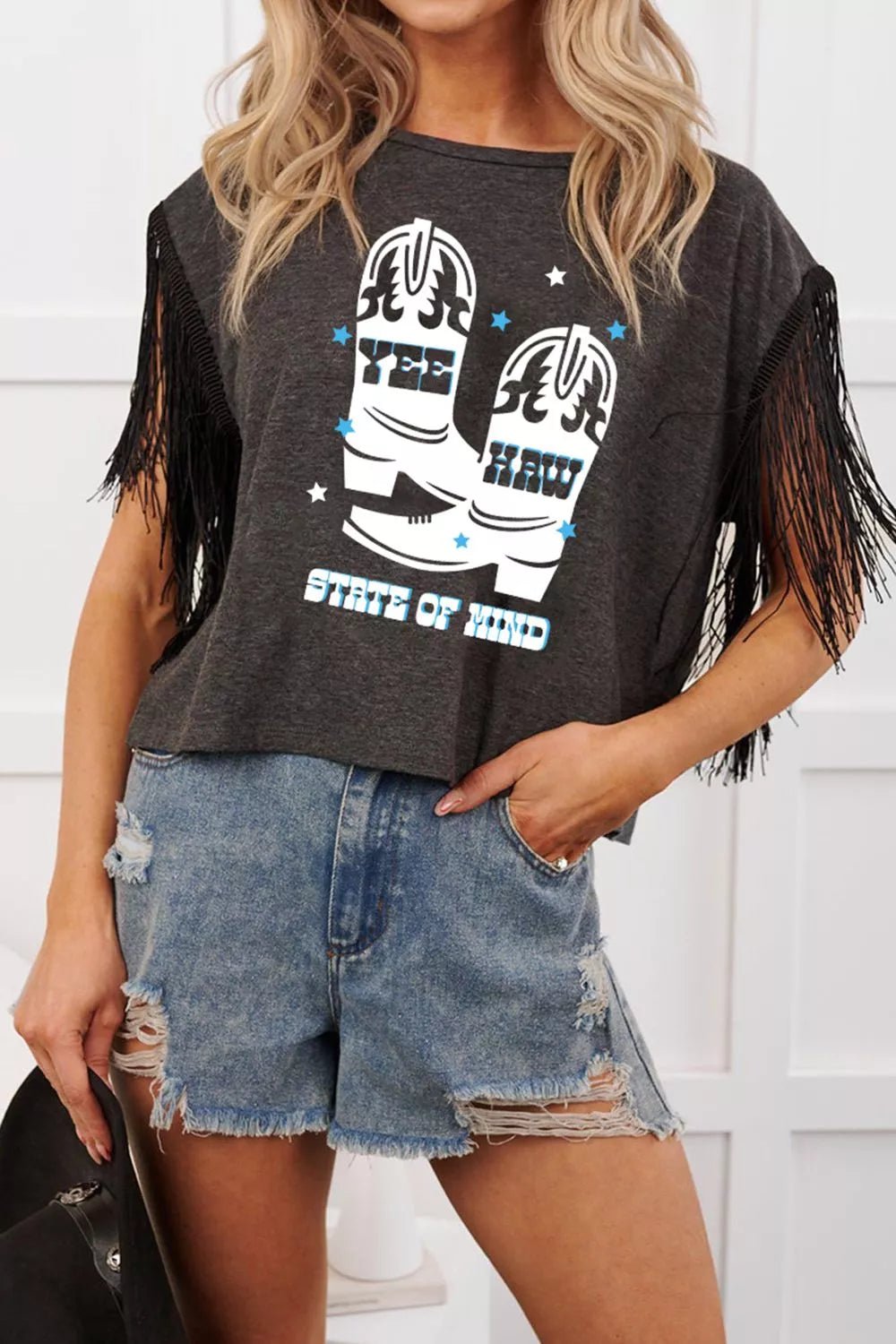 State of Mind Boots Graphic Tee | Fringe Detail | Black - ShopNQlik