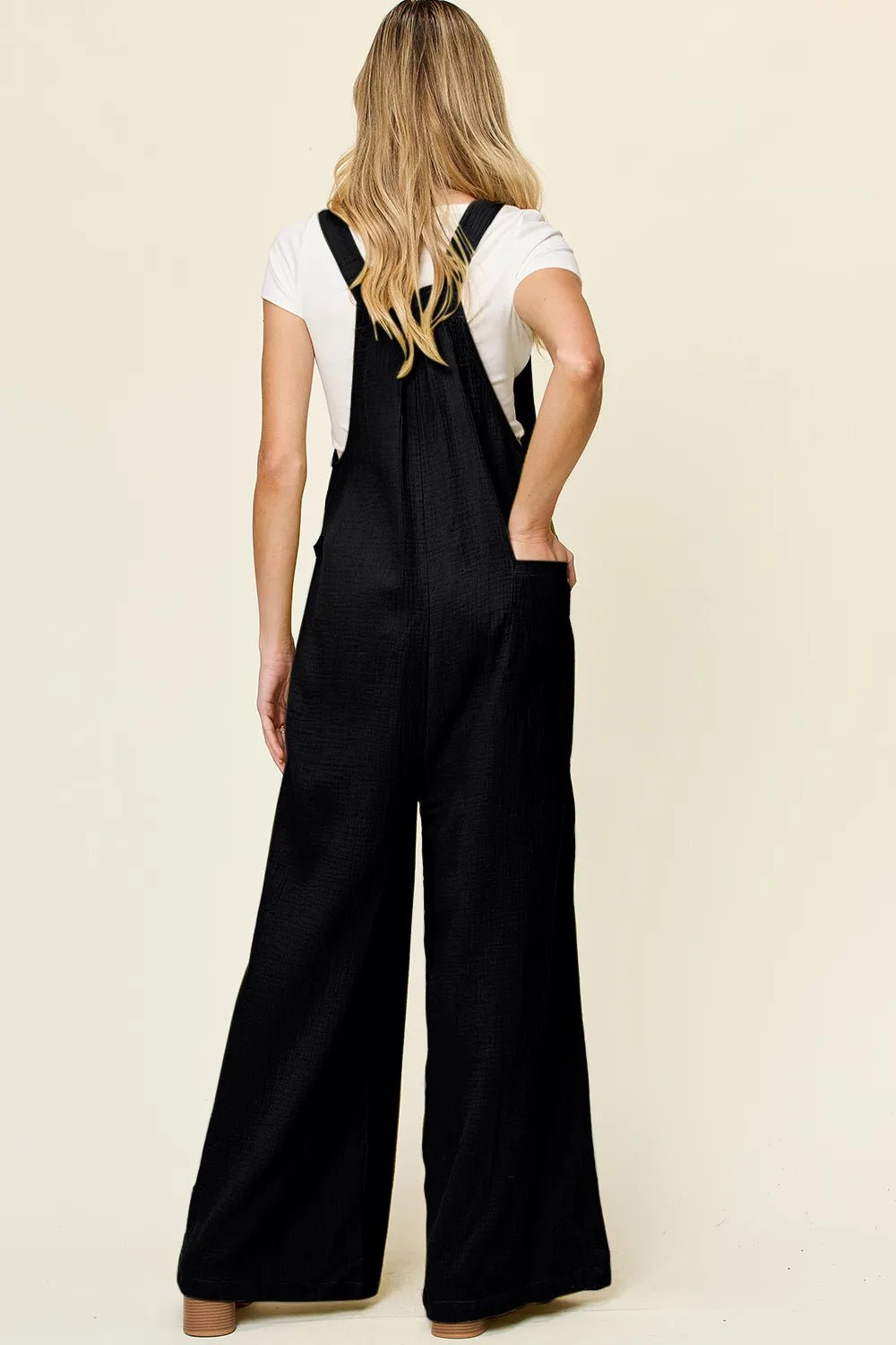 Textured Wide-Leg Overall | Wide Strap | Black - ShopNQlik