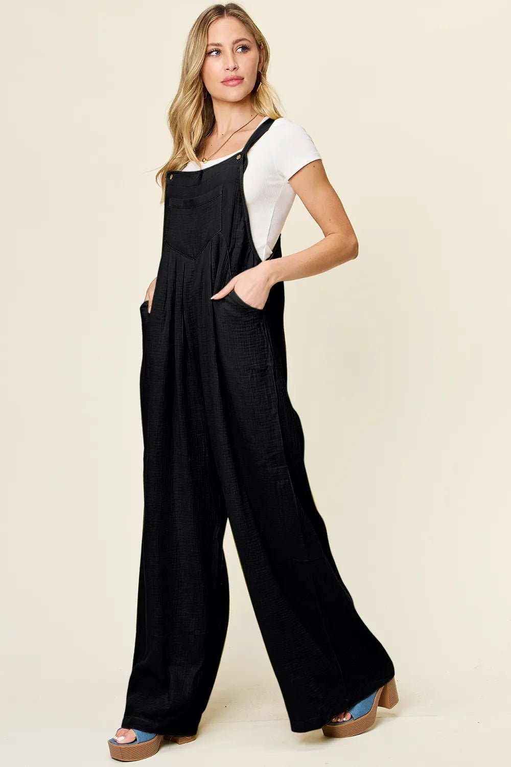 Textured Wide-Leg Overall | Wide Strap | Black - ShopNQlik