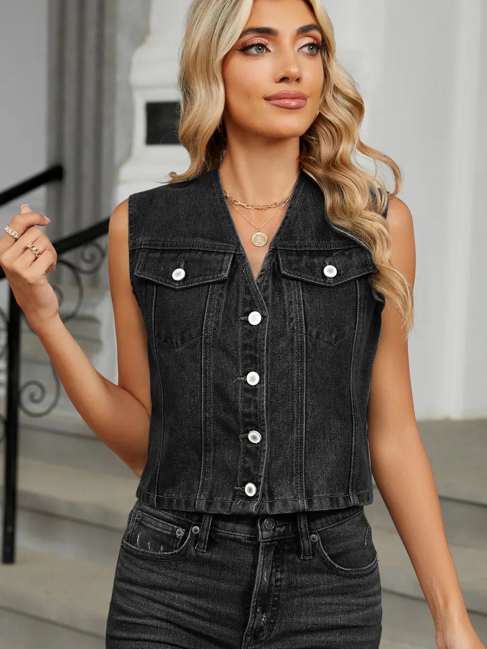 V-Neck Button Down Denim Vest - ShopNQlik