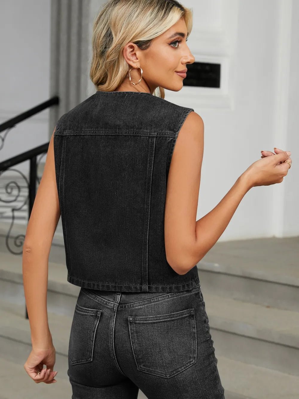V-Neck Button Down Denim Vest - ShopNQlik
