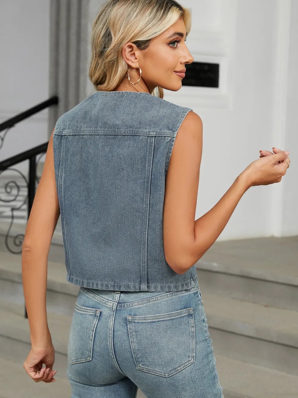 V-Neck Button Down Denim Vest - ShopNQlik