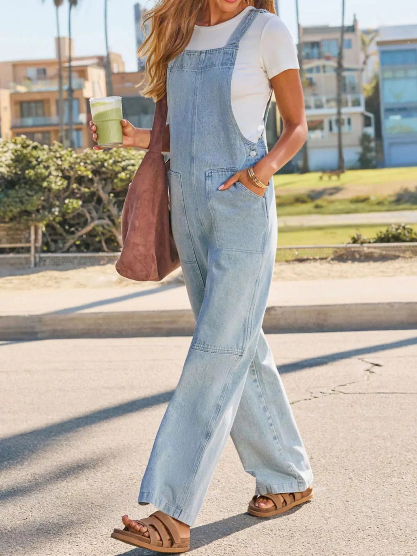 Washed Wide-Leg Denim Overalls | Pocketed | Light Blue - ShopNQlik