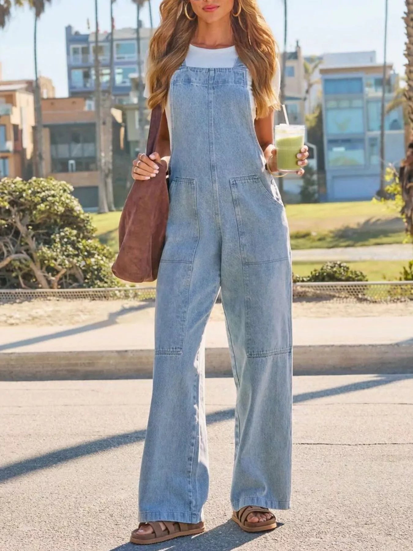 Washed Wide-Leg Denim Overalls | Pocketed | Light Blue - ShopNQlik
