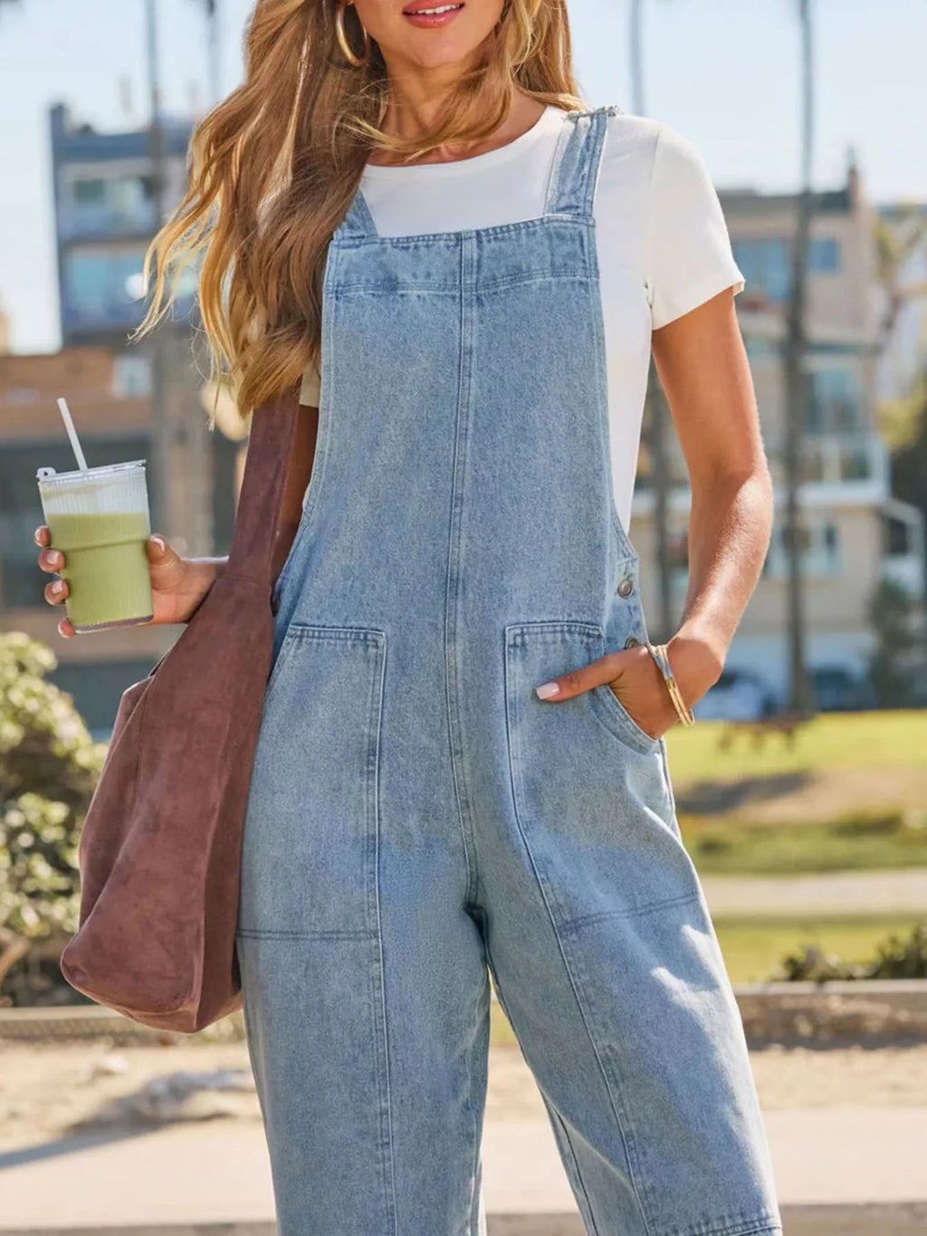 Washed Wide-Leg Denim Overalls | Pocketed | Light Blue - ShopNQlik