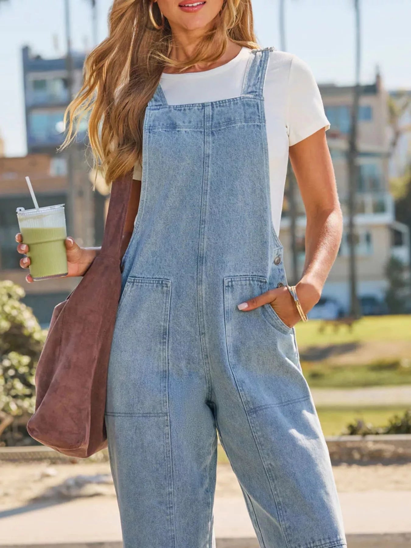 Washed Wide-Leg Denim Overalls | Pocketed | Light Blue - ShopNQlik