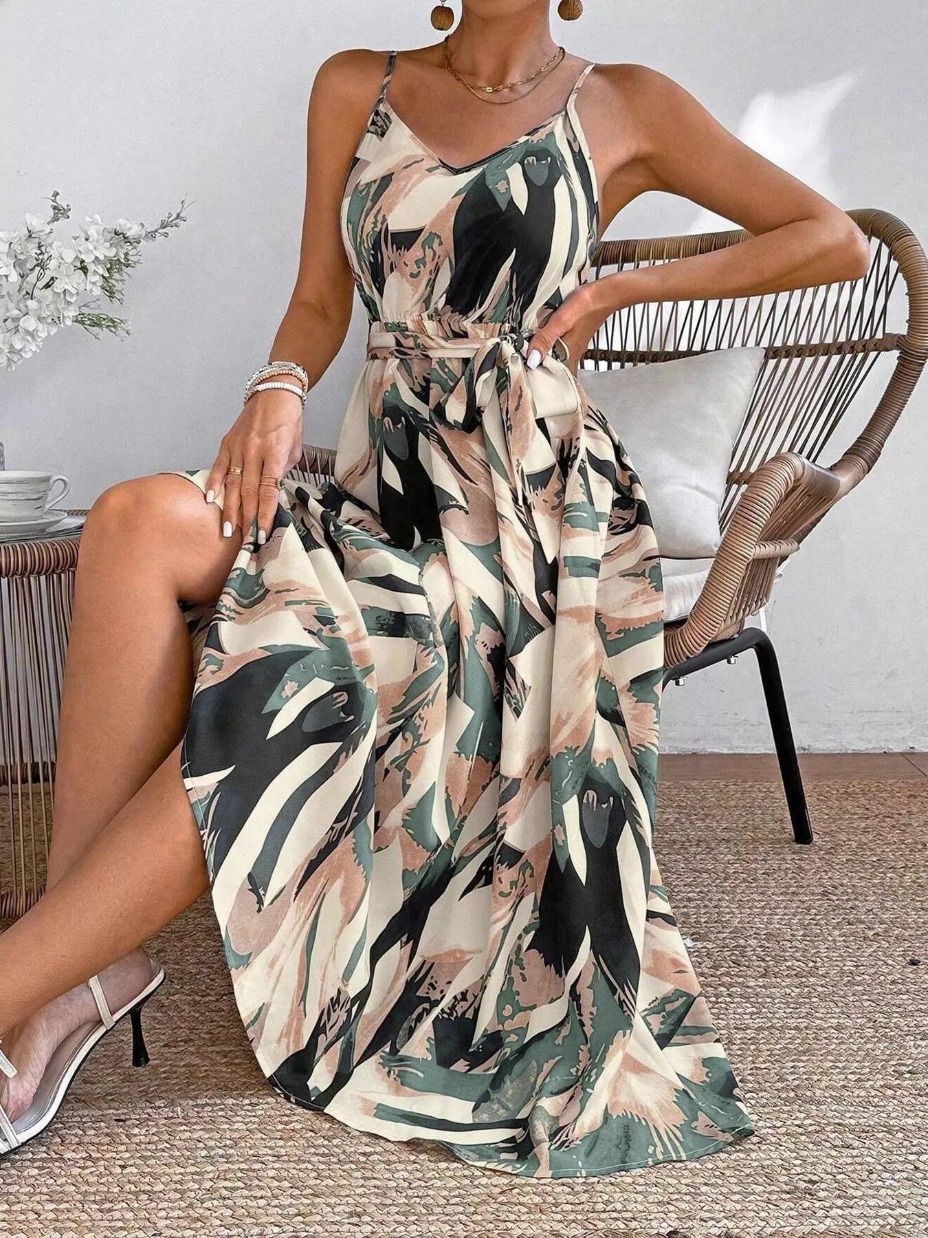 Women's Abstract Print Tie Waist Cami Dress – 3 Colours, S–XL - ShopNQlik