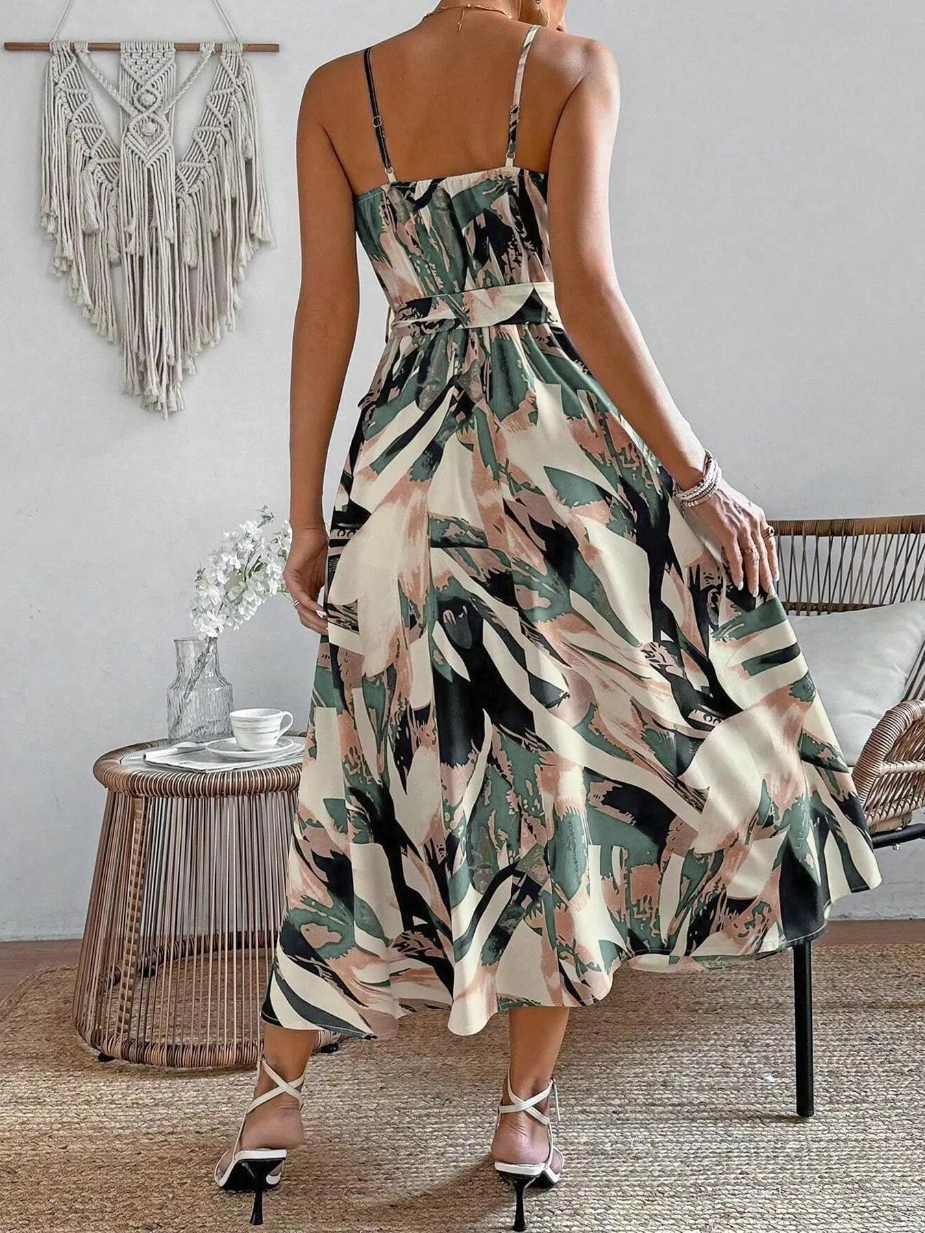 Women's Abstract Print Tie Waist Cami Dress – 3 Colours, S–XL - ShopNQlik