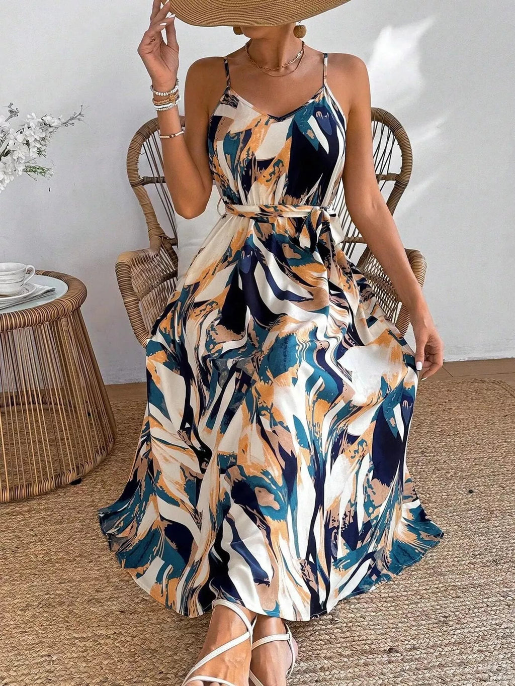 Women's Abstract Print Tie Waist Cami Dress – 3 Colours, S–XL - ShopNQlik