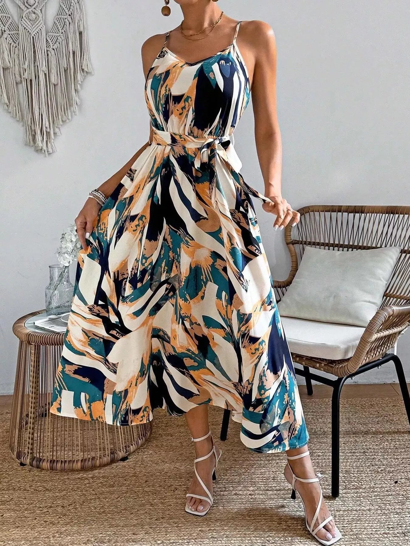 Women's Abstract Print Tie Waist Cami Dress – 3 Colours, S–XL - ShopNQlik
