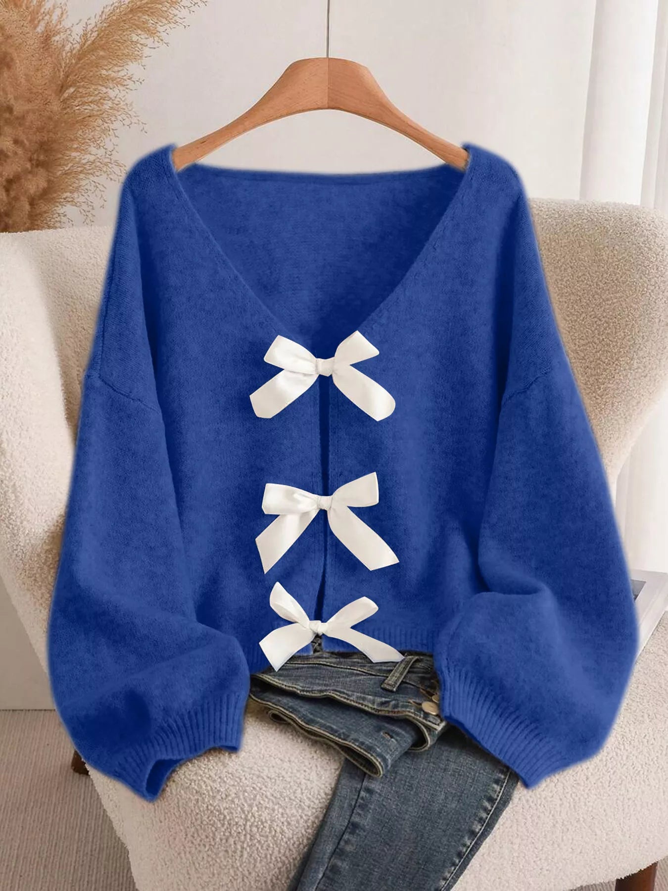 Women's Bow-Knot Front V-Neck Knit Cardigan – 6 Colours, S–2XL - ShopNQlik