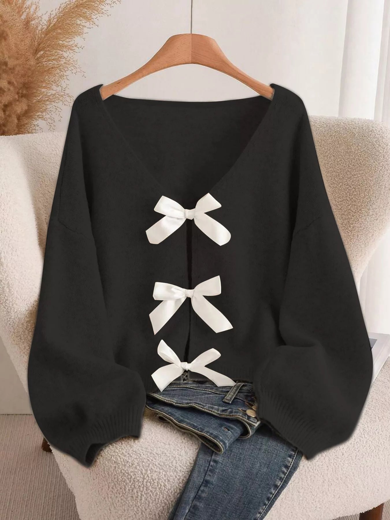 Women's Bow-Knot Front V-Neck Knit Cardigan – 6 Colours, S–2XL - ShopNQlik