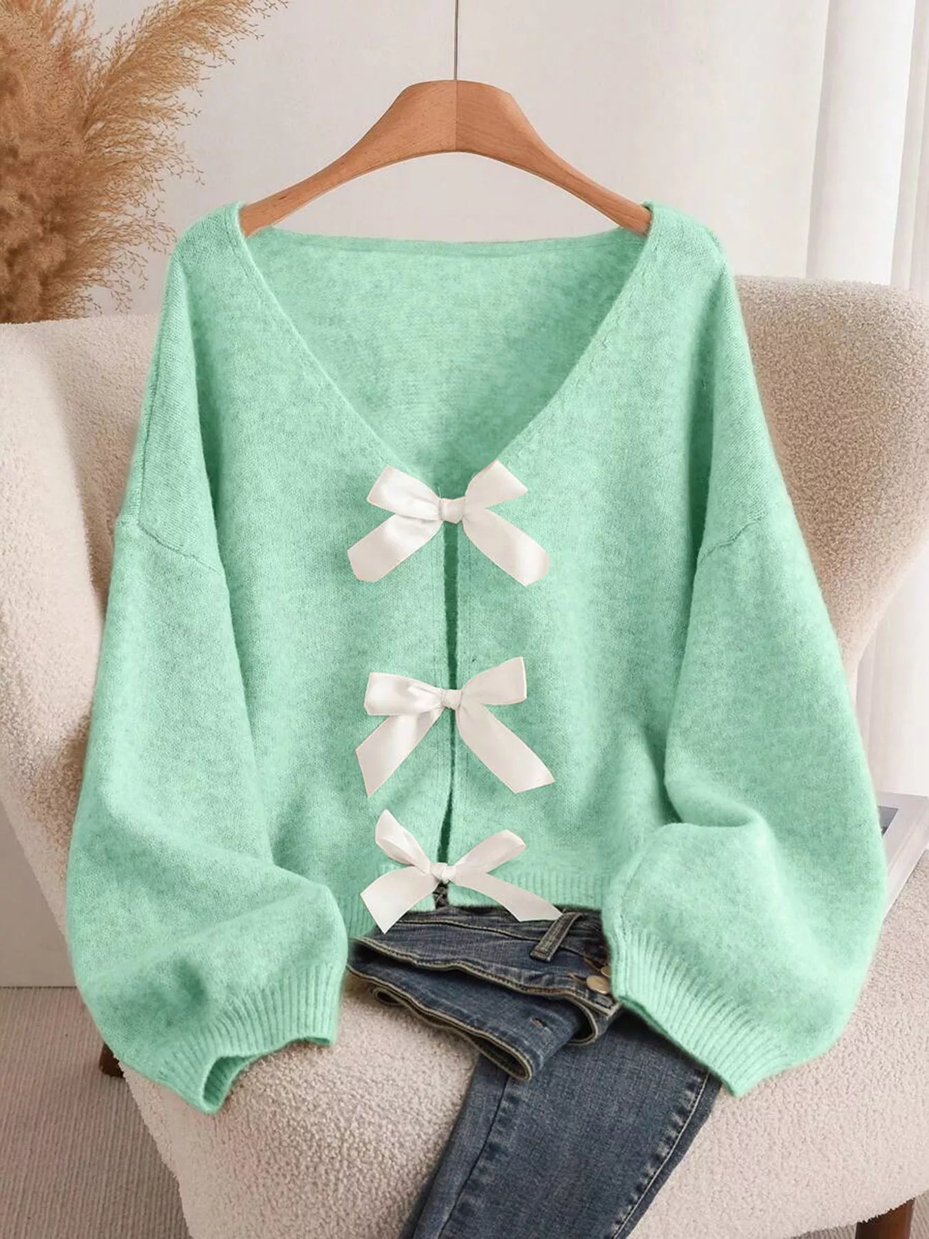 Women's Bow-Knot Front V-Neck Knit Cardigan – 6 Colours, S–2XL - ShopNQlik