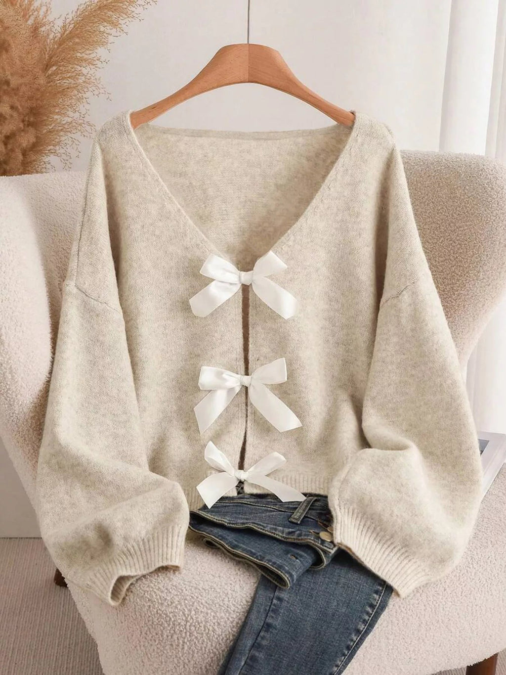 Women's Bow-Knot Front V-Neck Knit Cardigan – 6 Colours, S–2XL - ShopNQlik