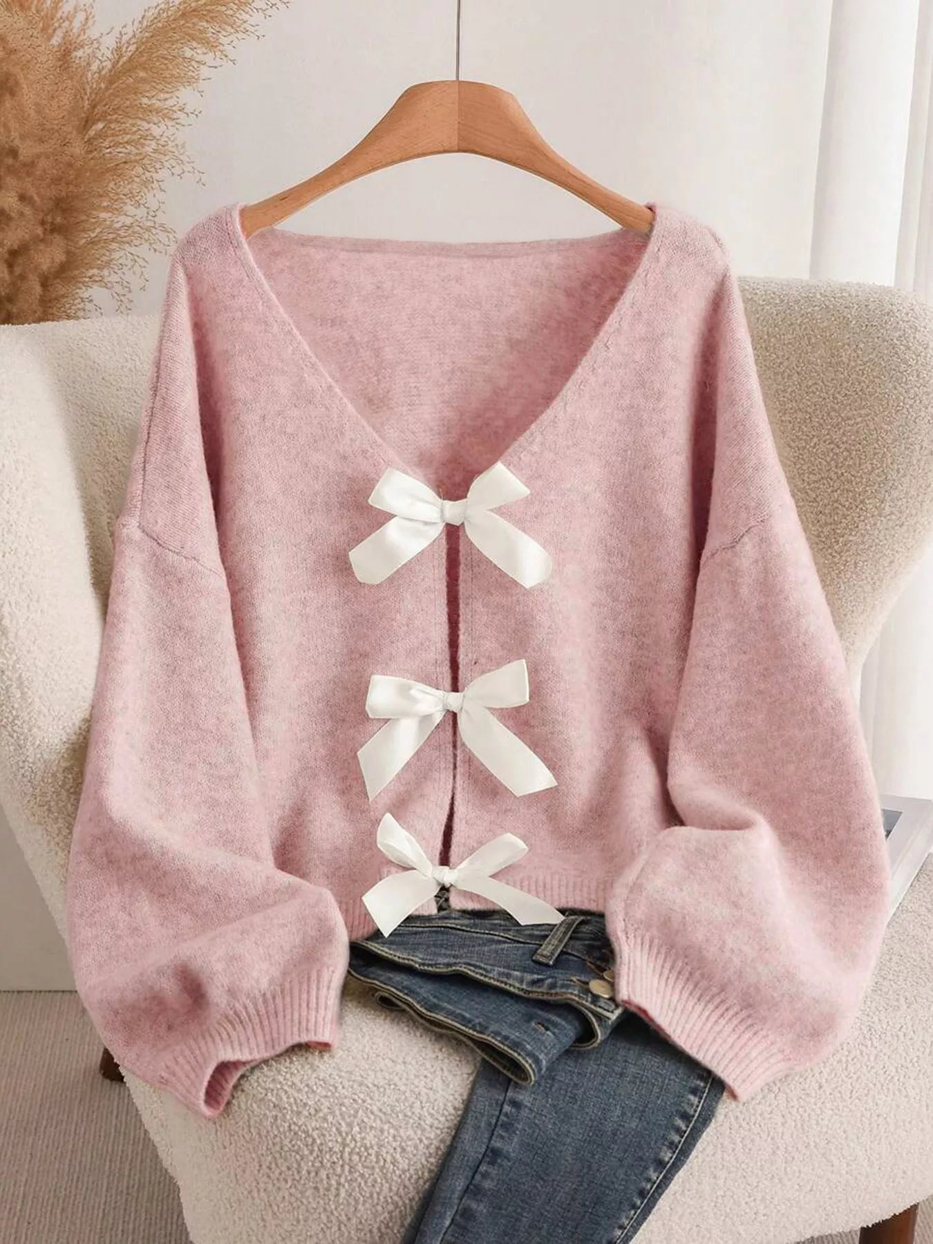 Women's Bow-Knot Front V-Neck Knit Cardigan – 6 Colours, S–2XL - ShopNQlik