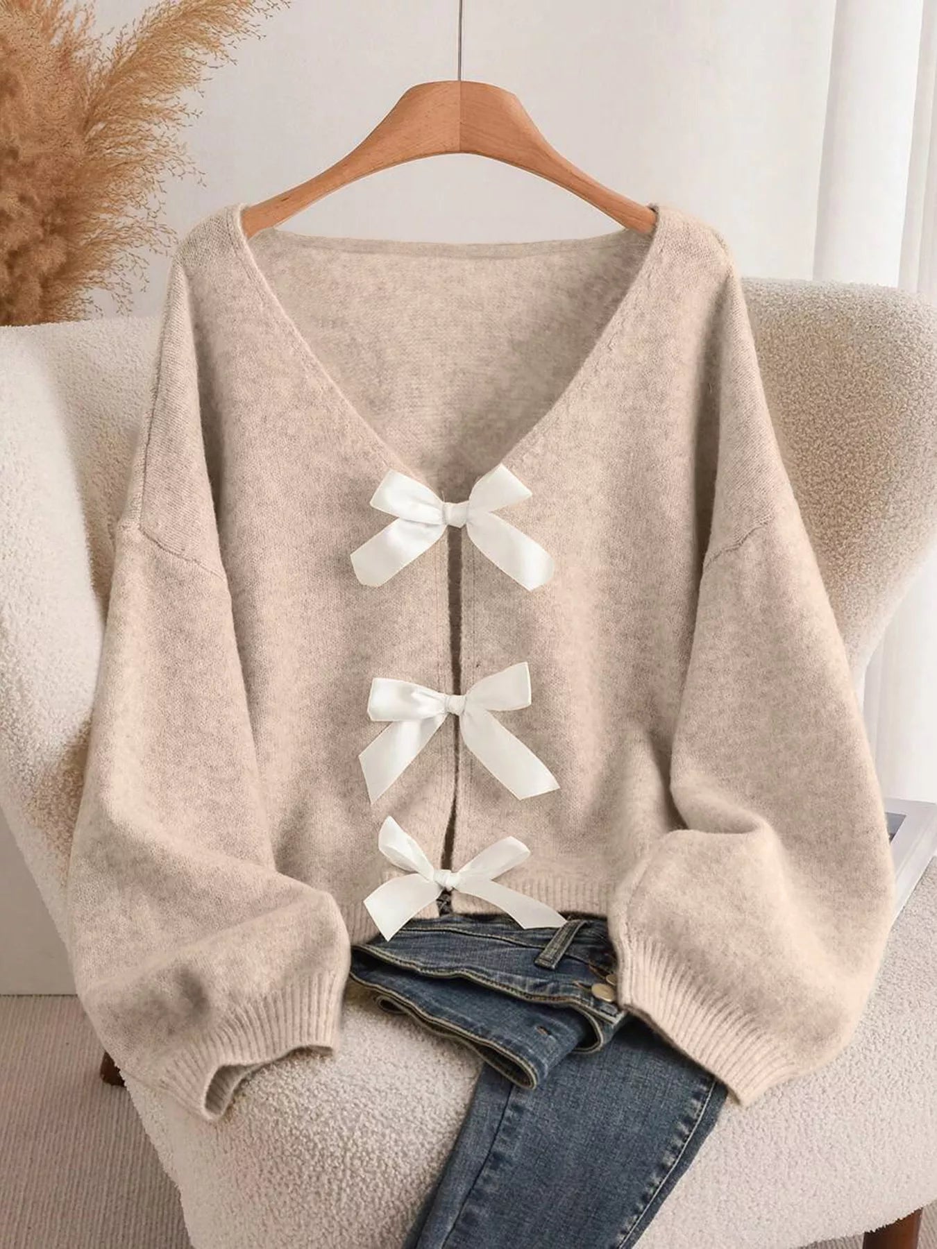 Women's Bow-Knot Front V-Neck Knit Cardigan – 6 Colours, S–2XL - ShopNQlik