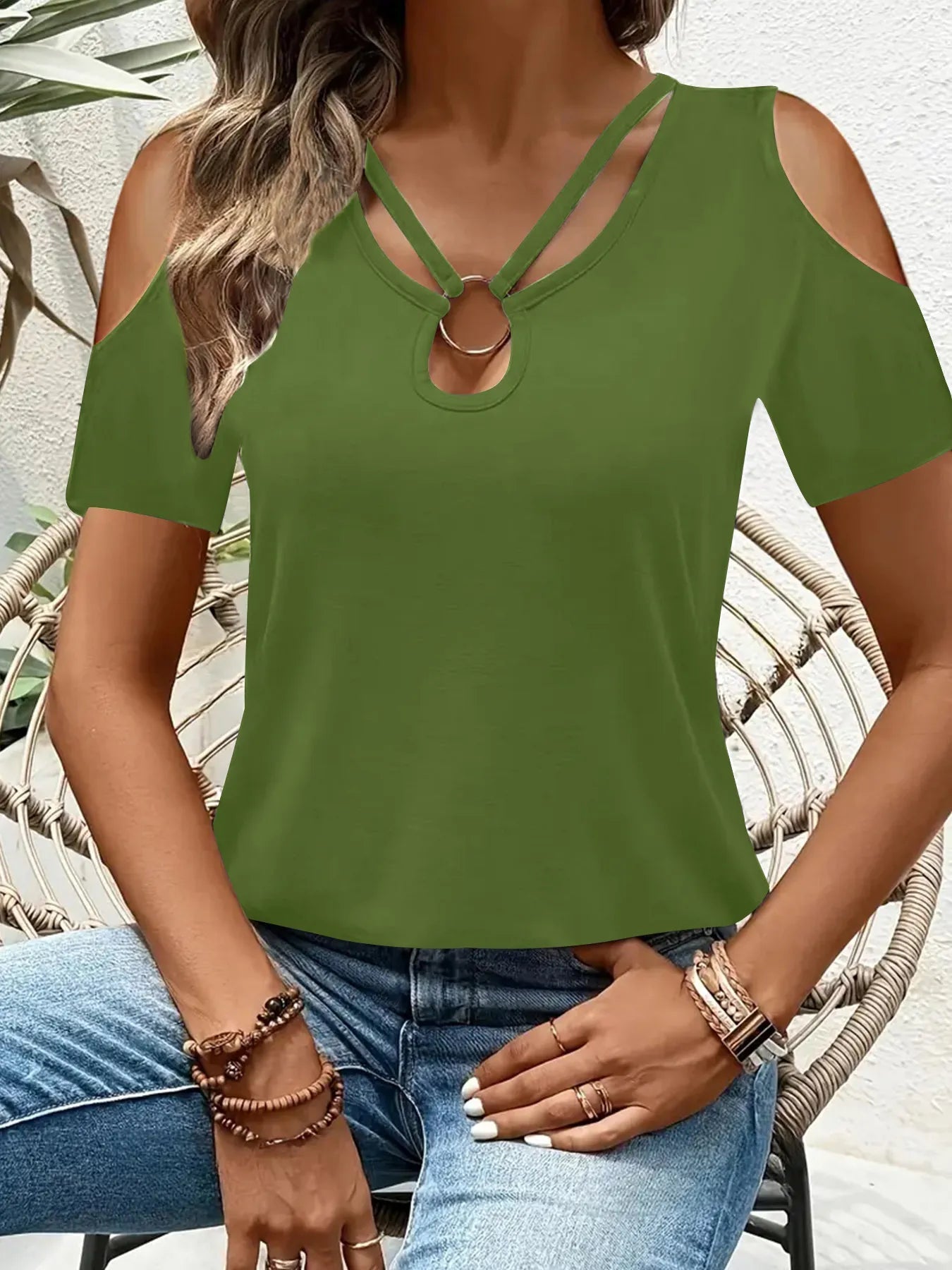Women's Cold Shoulder T-Shirt – Metal Ring Cutout Detail - ShopNQlik