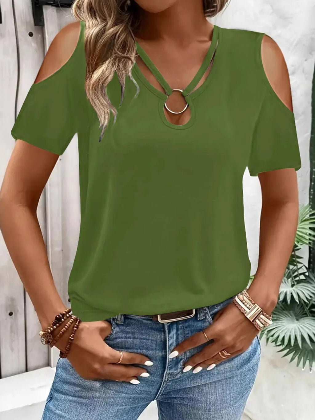 Women's Cold Shoulder T-Shirt – Metal Ring Cutout Detail - ShopNQlik