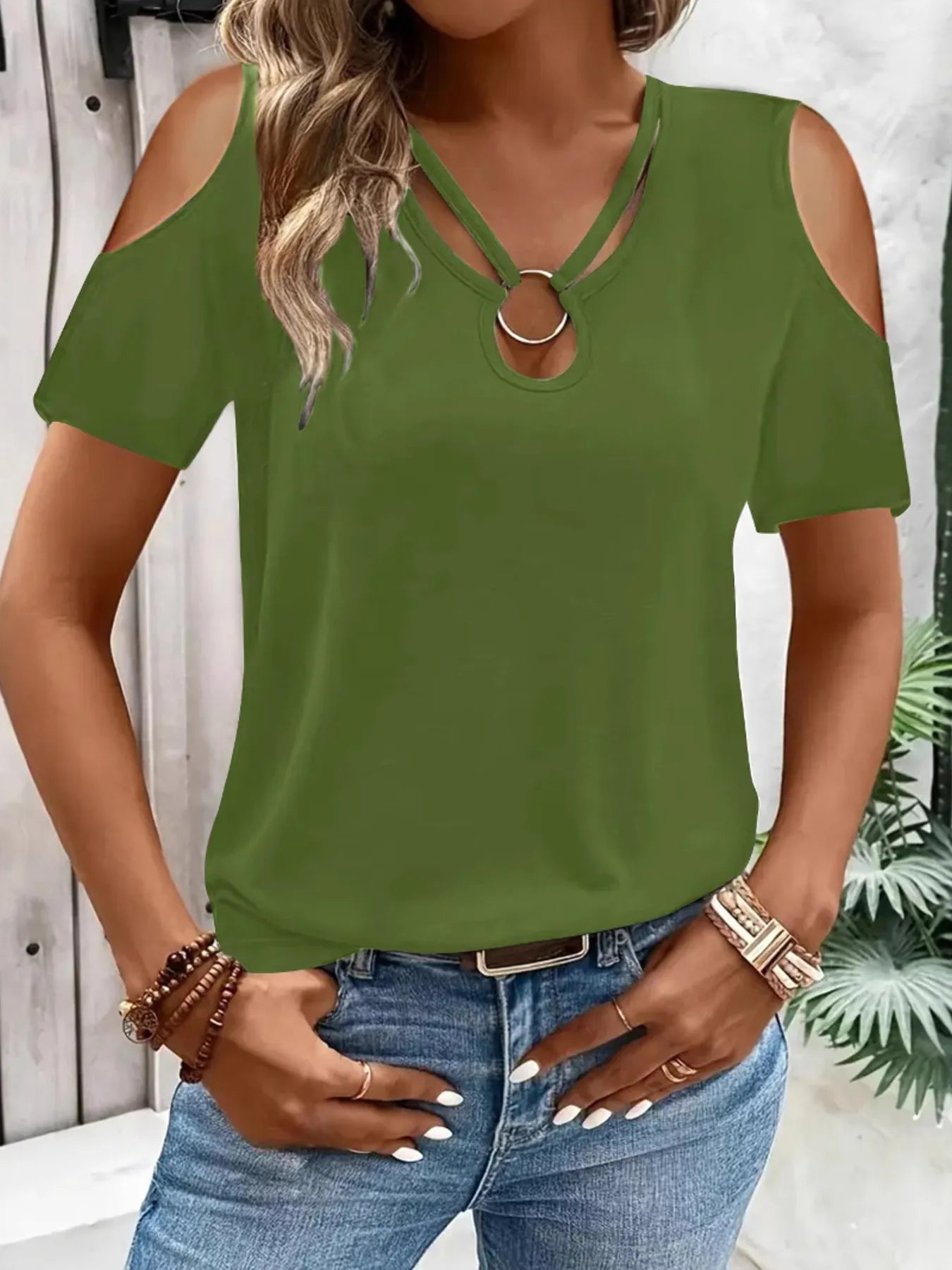 Women's Cold Shoulder T-Shirt – Metal Ring Cutout Detail - ShopNQlik