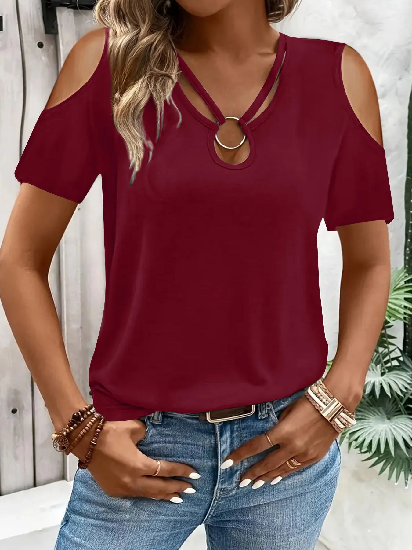 Women's Cold Shoulder T-Shirt – Metal Ring Cutout Detail - ShopNQlik