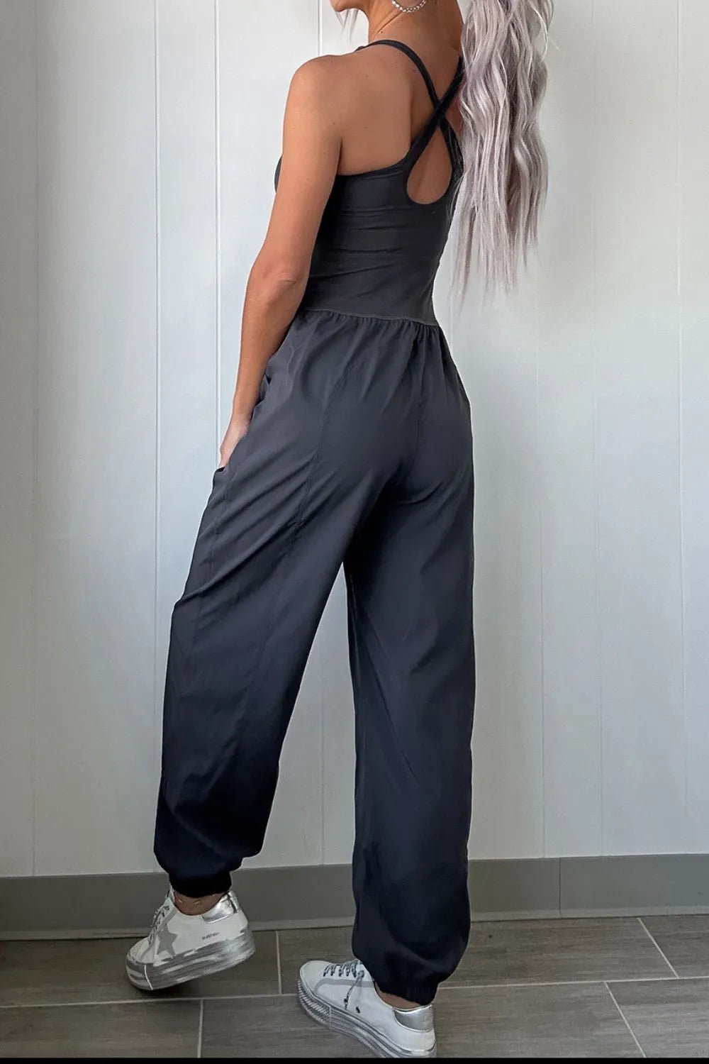 Women's Cutout Square Neck Wide Strap Active Jumpsuit – Dark Gray, M–XL - ShopNQlik