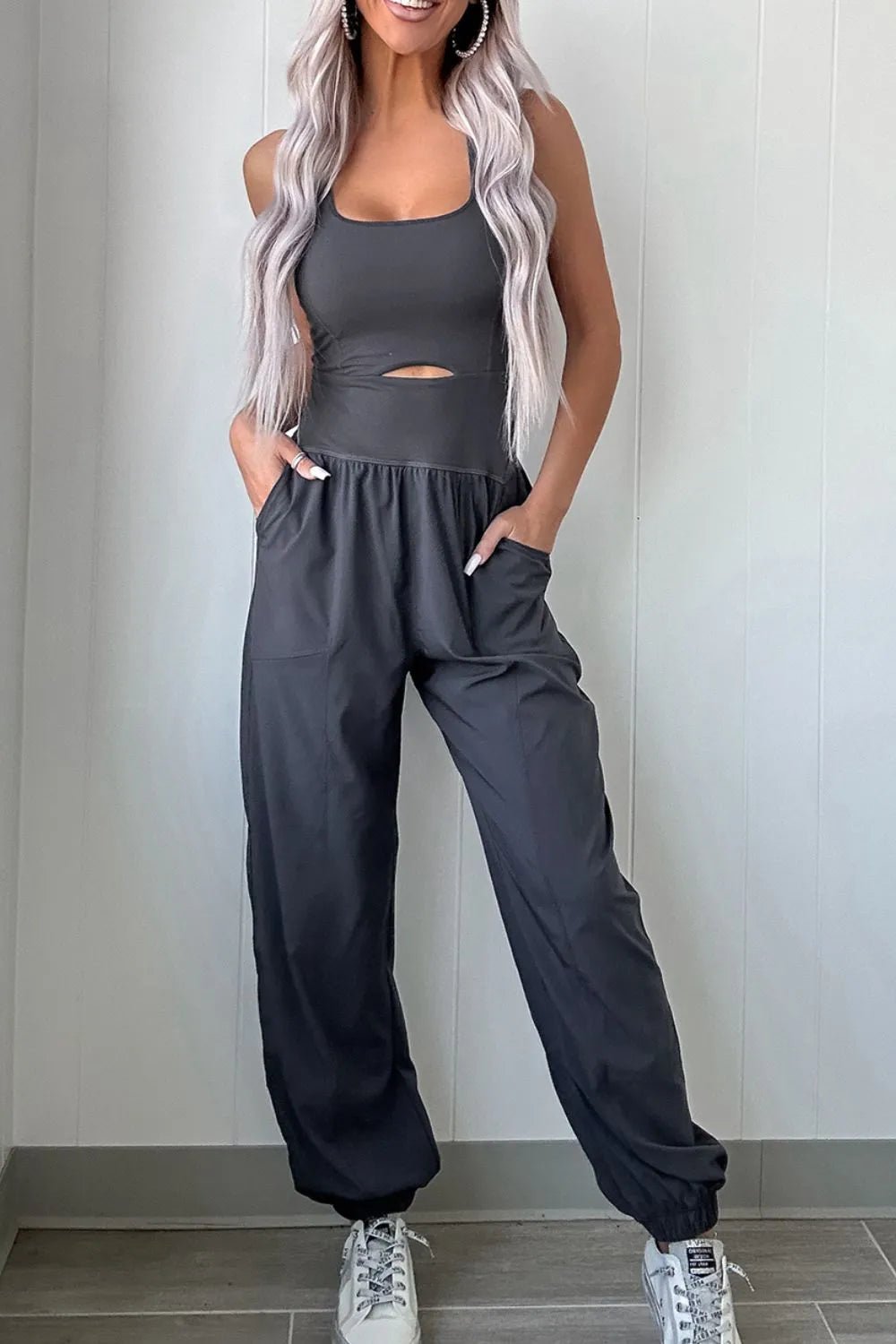 Women's Cutout Square Neck Wide Strap Active Jumpsuit – Dark Gray, M–XL - ShopNQlik