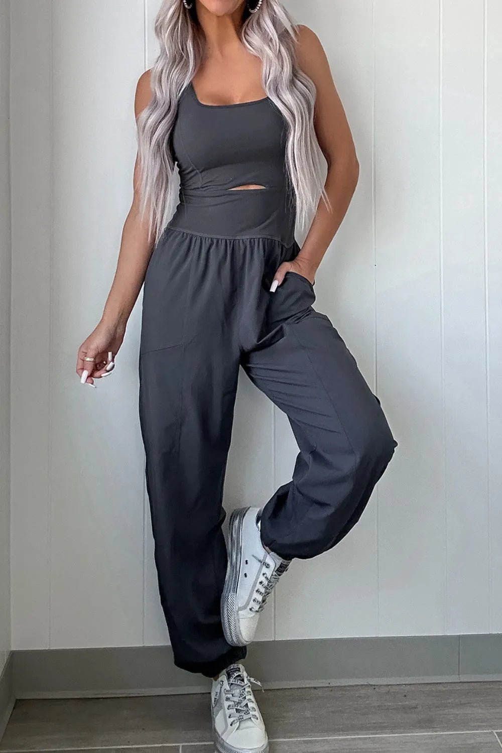 Women's Cutout Square Neck Wide Strap Active Jumpsuit – Dark Gray, M–XL - ShopNQlik