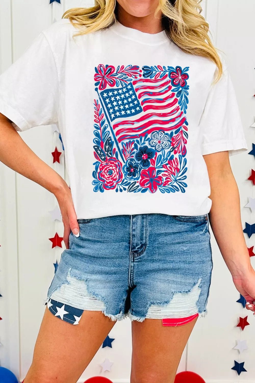 Women's Floral Flag Patriotic Graphic T-Shirt – Aesthetic Print Tee - ShopNQlik