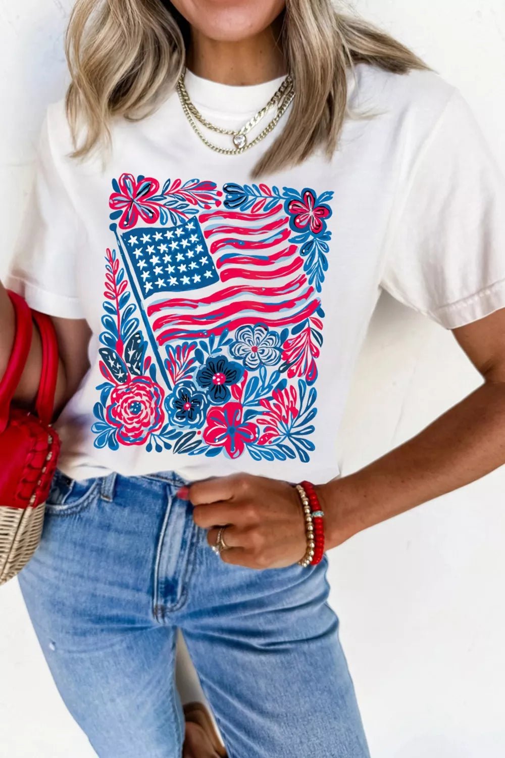 Women's Floral Flag Patriotic Graphic T-Shirt – Aesthetic Print Tee - ShopNQlik