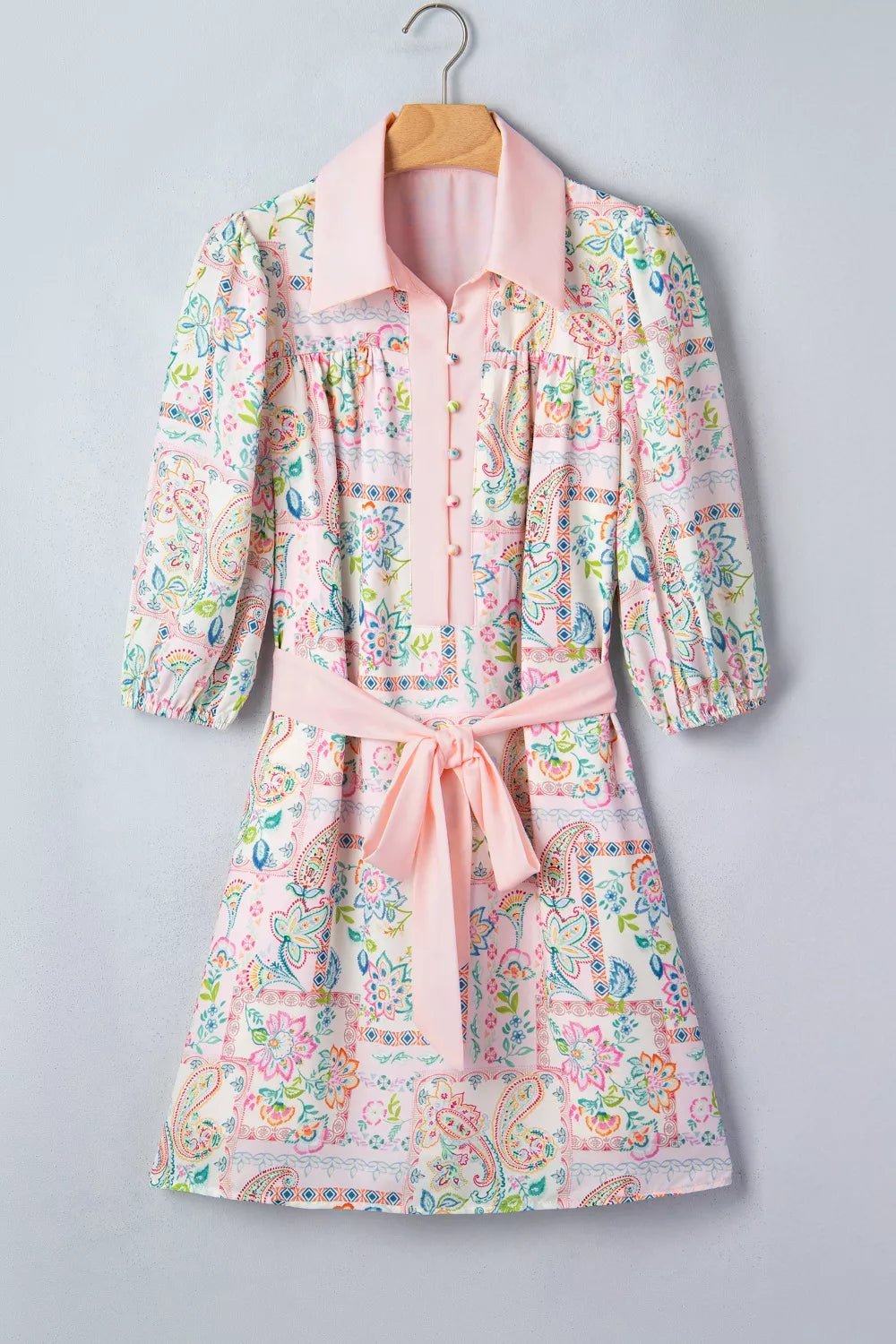 Women's Floral Print Colour Block Trim Half-Button Belted Mini Dress – Blush Pink, S–XL - ShopNQlik
