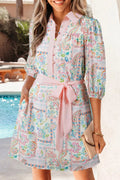 Women's Floral Print Colour Block Trim Half-Button Belted Mini Dress – Blush Pink, S–XL - ShopNQlik