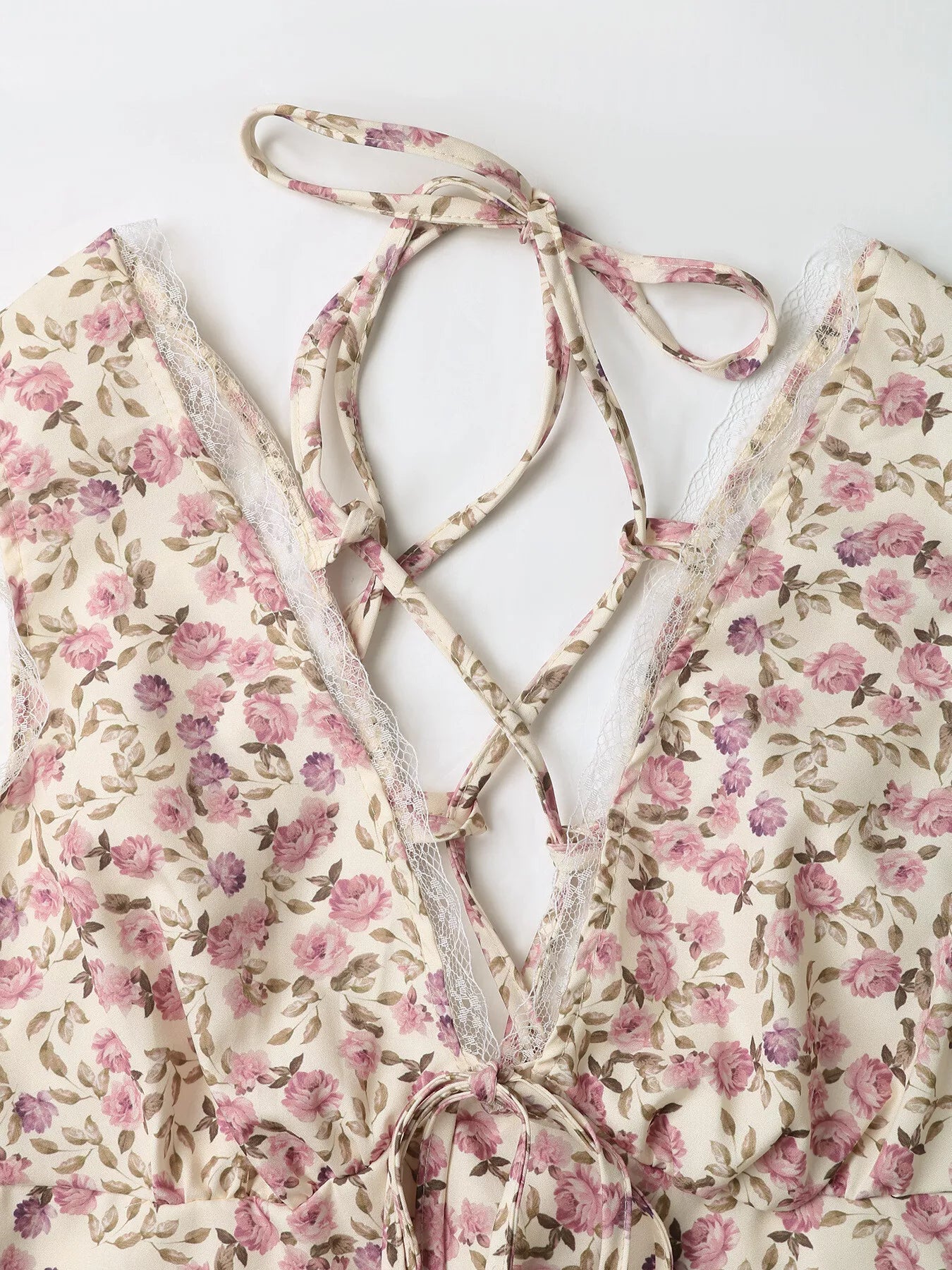 Women's Floral Print Lace Trim Tie Front Mini Dress – Apricot, S–XL - ShopNQlik
