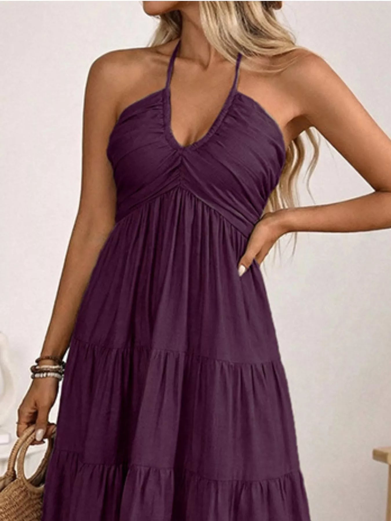 Women's Halter Neck Smocked Tiered Midi Dress – 2 Colours, S–XL - ShopNQlik