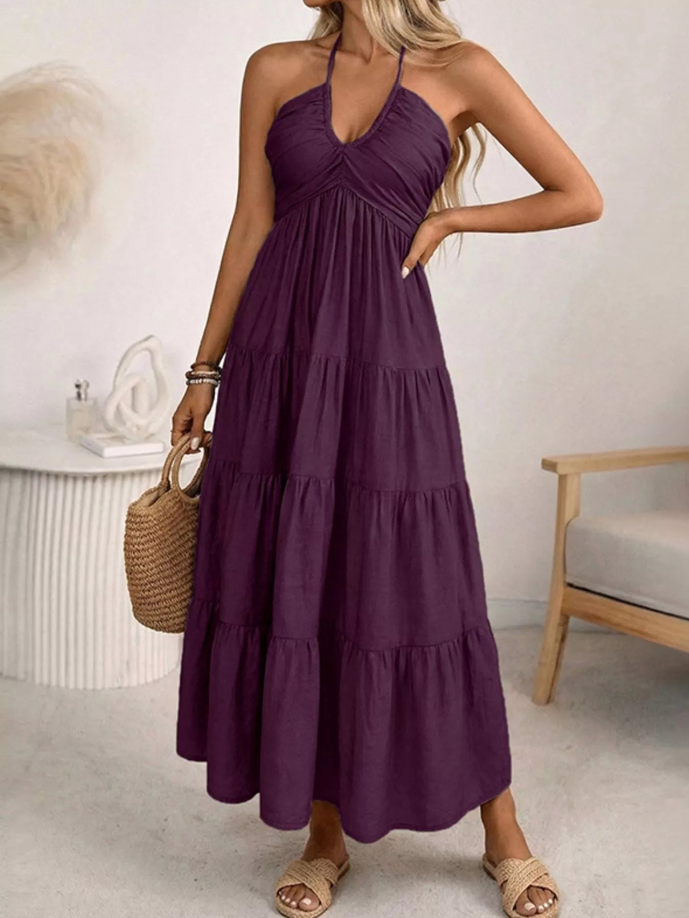 Women's Halter Neck Smocked Tiered Midi Dress – 2 Colours, S–XL - ShopNQlik