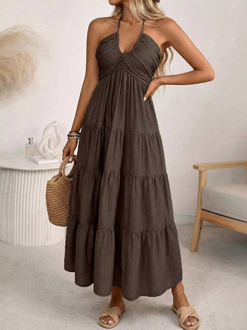 Women's Halter Neck Smocked Tiered Midi Dress – 2 Colours, S–XL - ShopNQlik