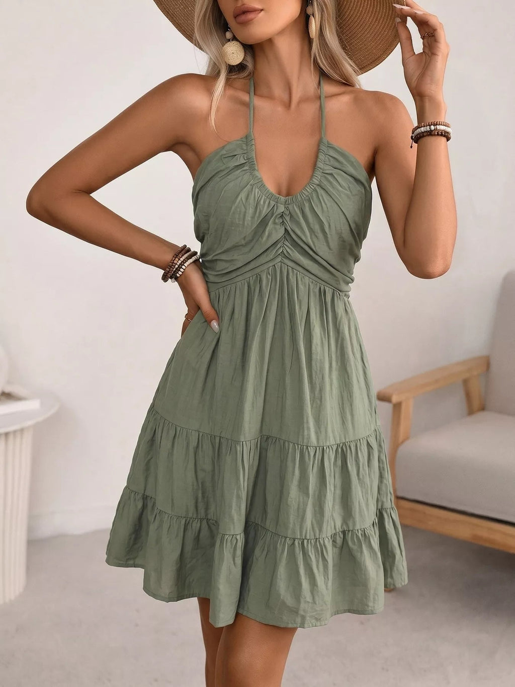 Women's Halter Neck Smocked Tiered Mini Dress – Green, S–XL - ShopNQlik