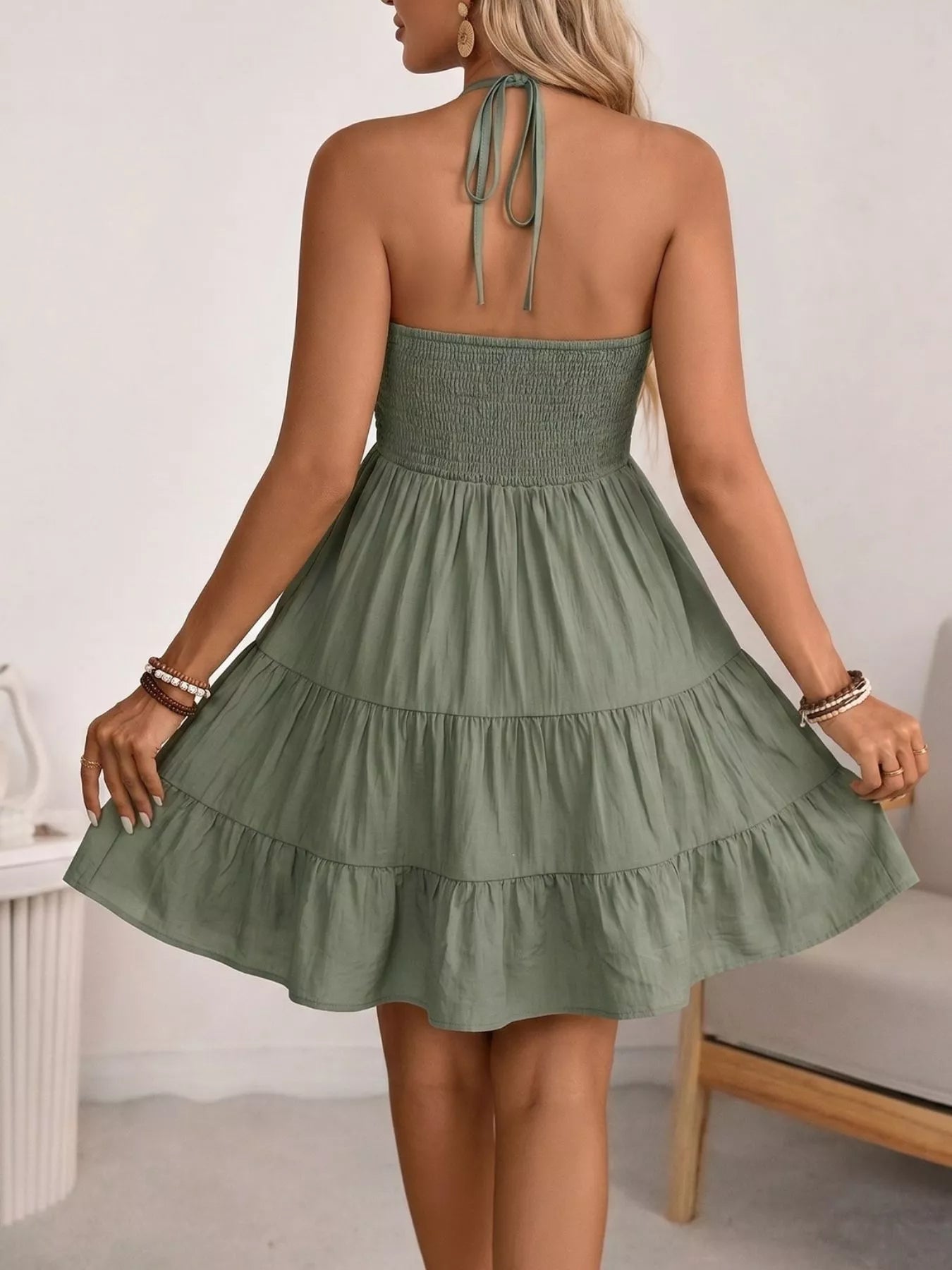Women's Halter Neck Smocked Tiered Mini Dress – Green, S–XL - ShopNQlik