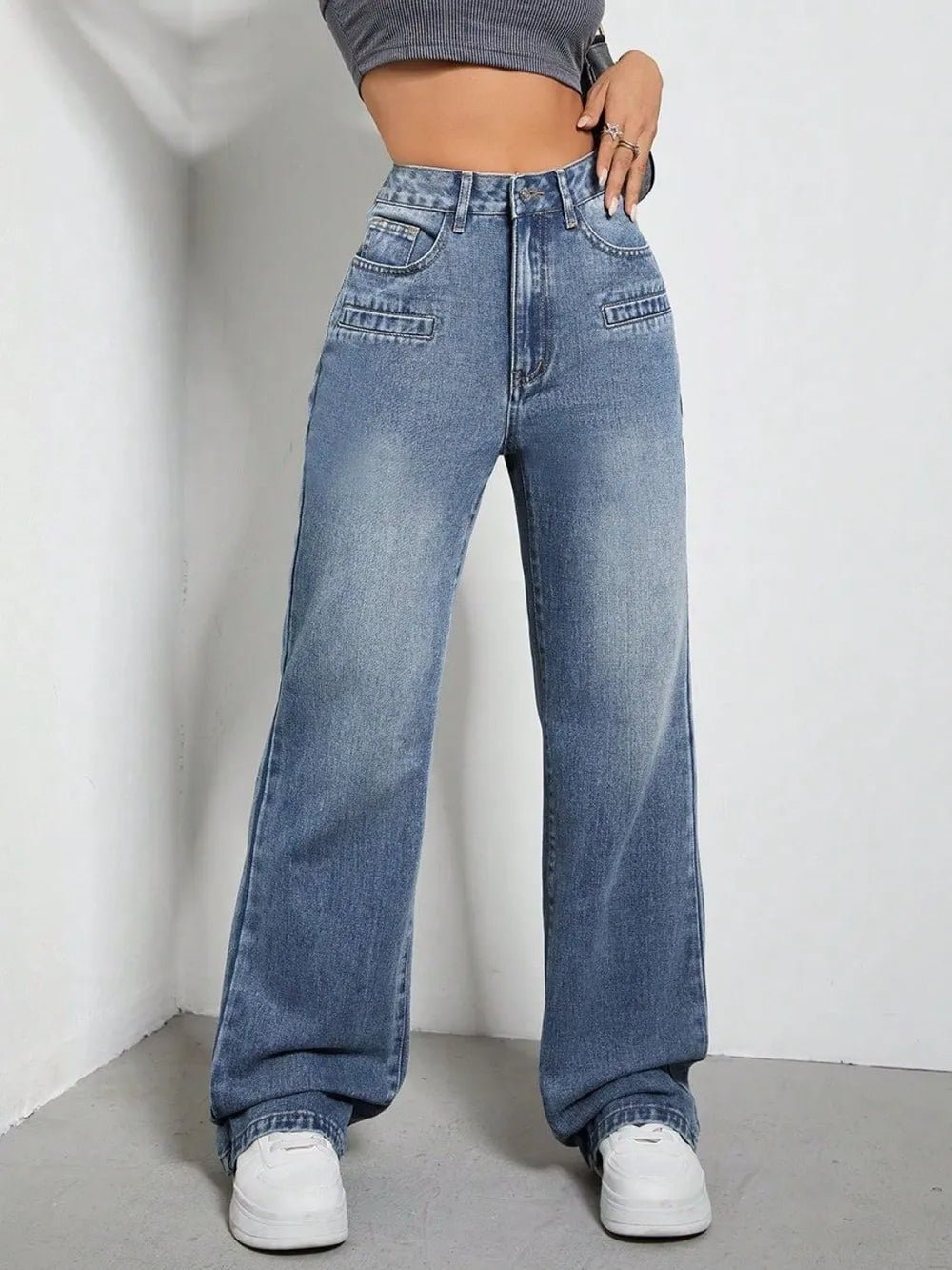 Women's High Rise Wide Leg Jeans with Pockets – Medium Wash, XS–XL - ShopNQlik