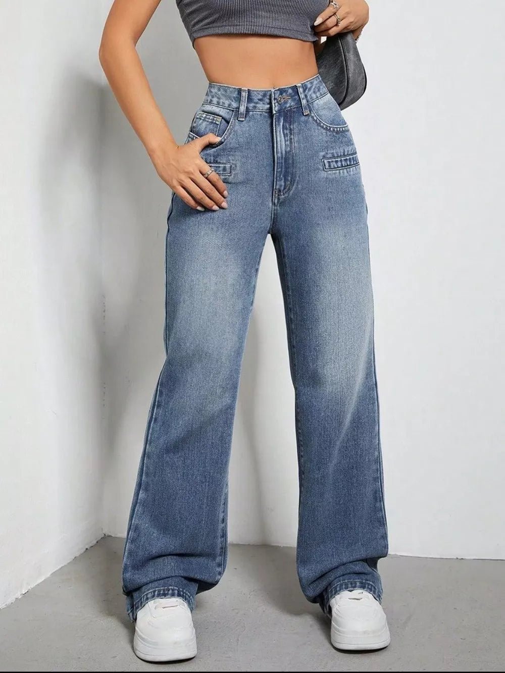 Women's High Rise Wide Leg Jeans with Pockets – Medium Wash, XS–XL - ShopNQlik