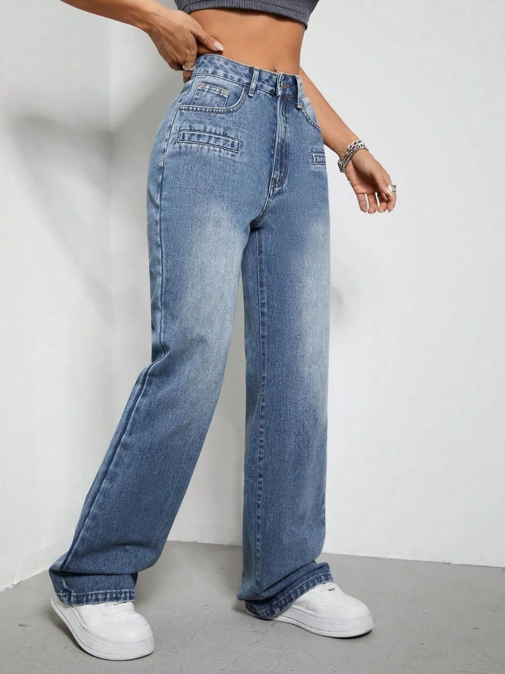 Women's High Rise Wide Leg Jeans with Pockets – Medium Wash, XS–XL - ShopNQlik