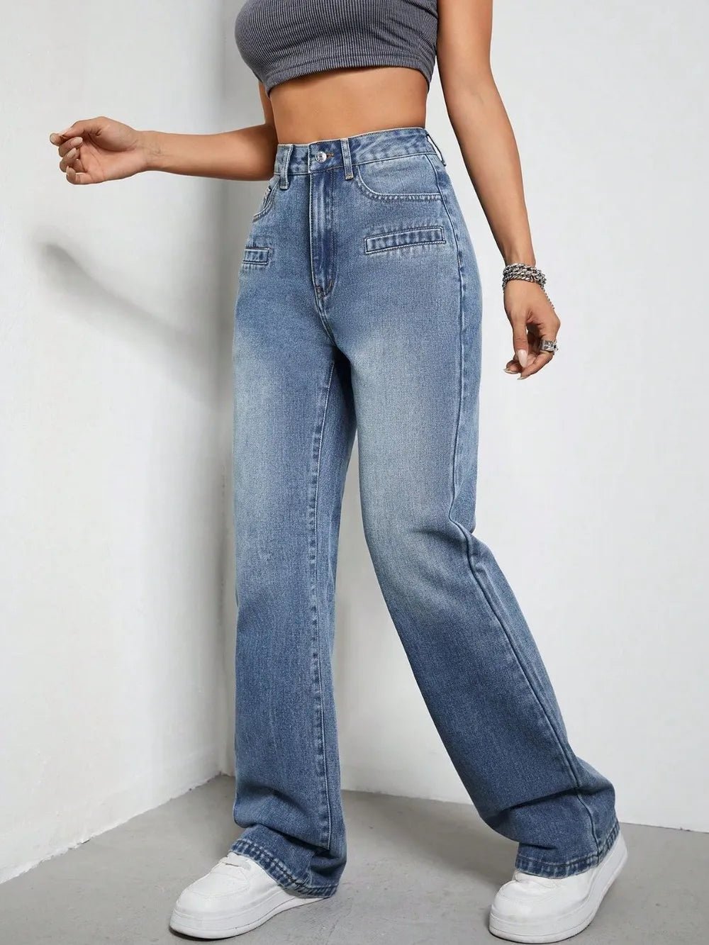 Women's High Rise Wide Leg Jeans with Pockets – Medium Wash, XS–XL - ShopNQlik