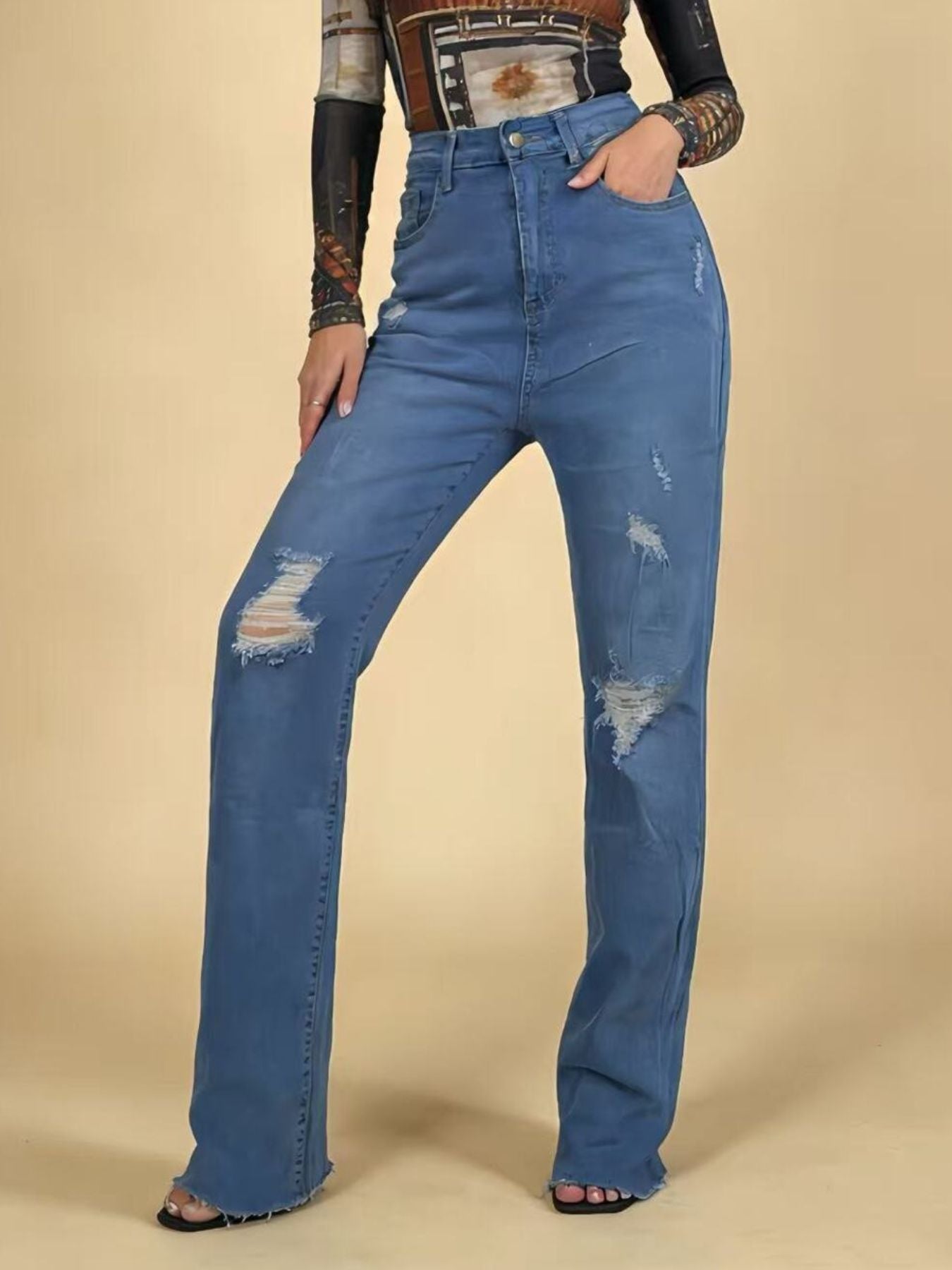Women's High-Waisted Distressed Jeans – Blue, S–2XL - ShopNQlik