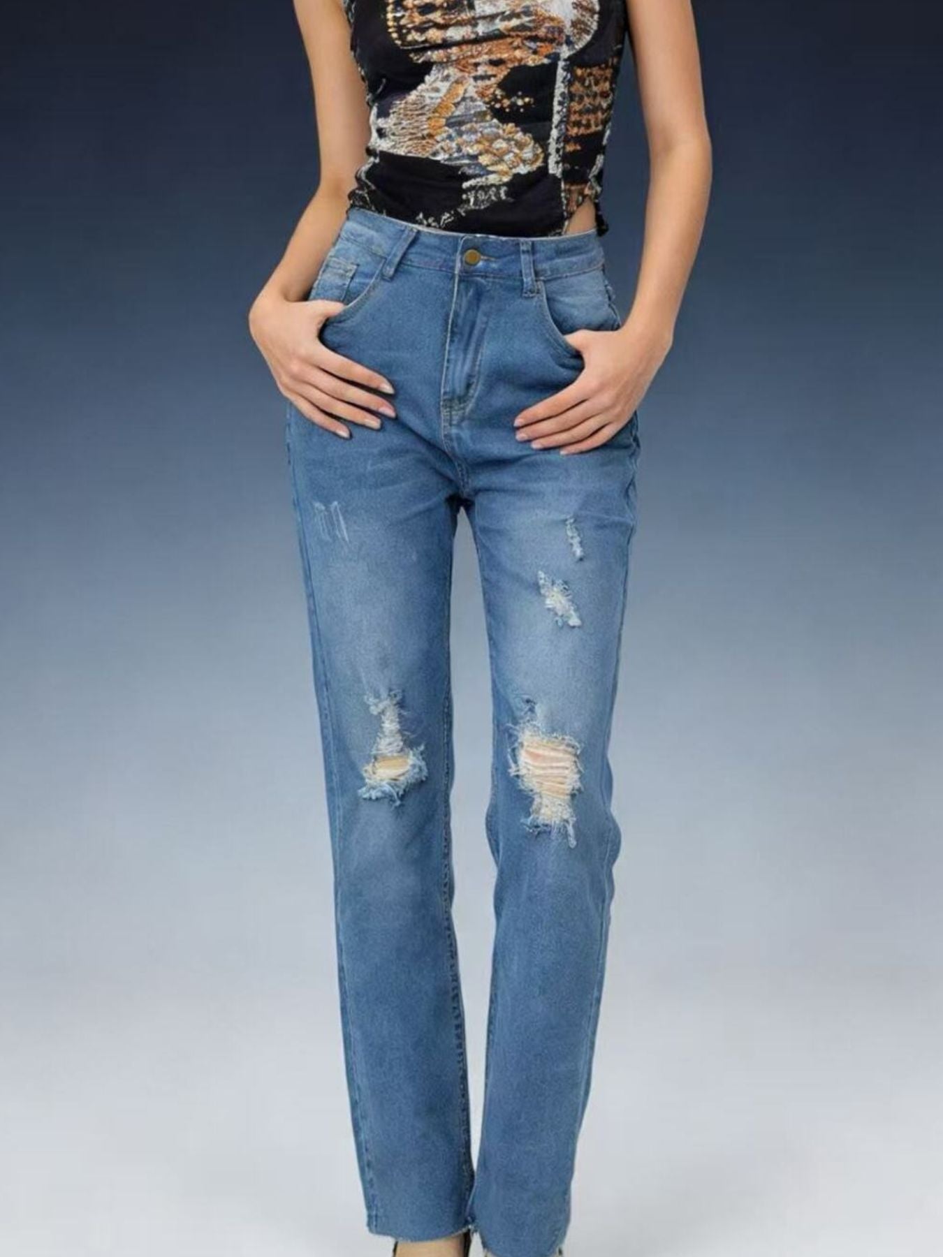 Women's High-Waisted Distressed Jeans – Blue, S–2XL - ShopNQlik