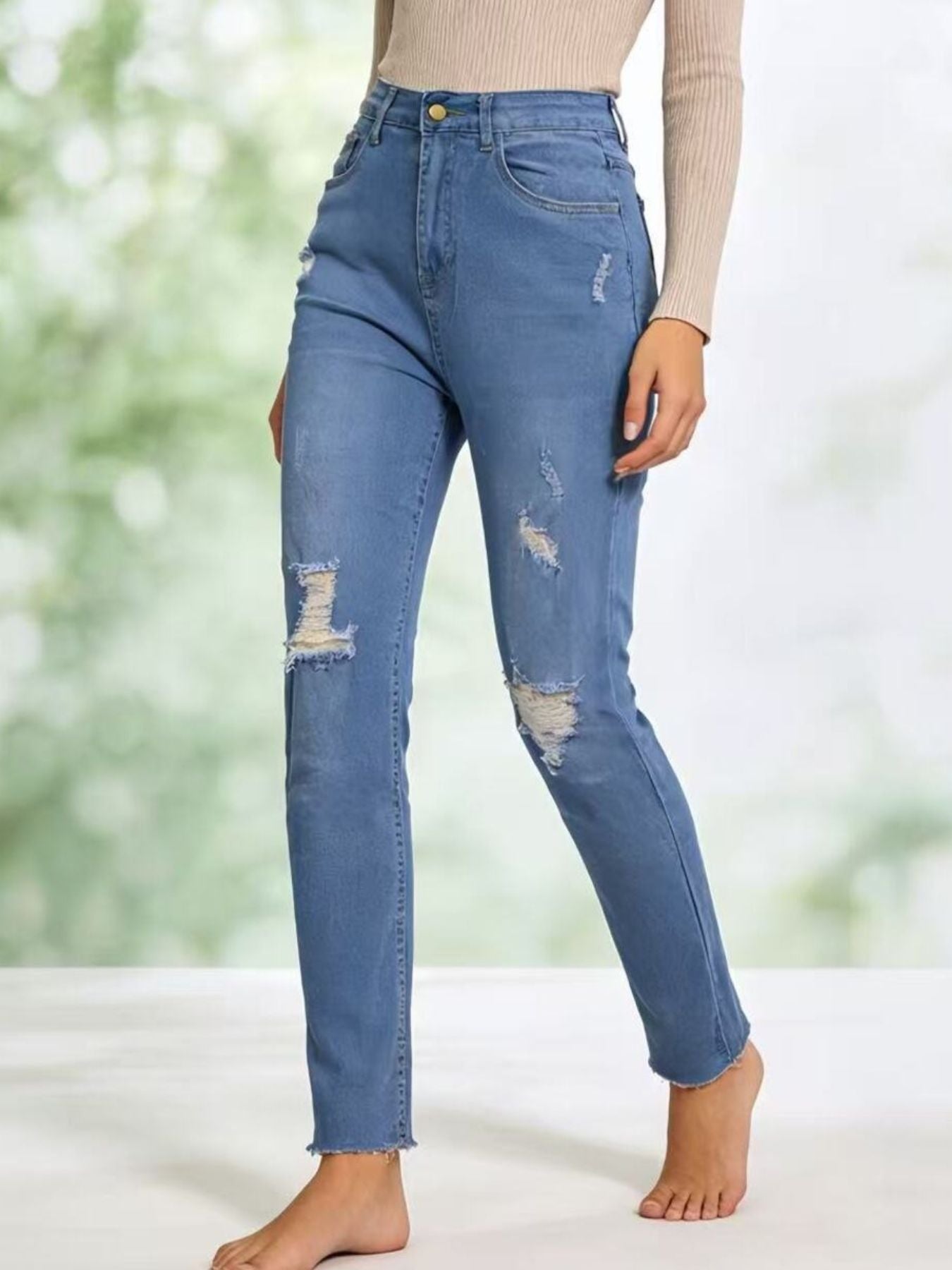 Women's High-Waisted Distressed Jeans – Blue, S–2XL - ShopNQlik