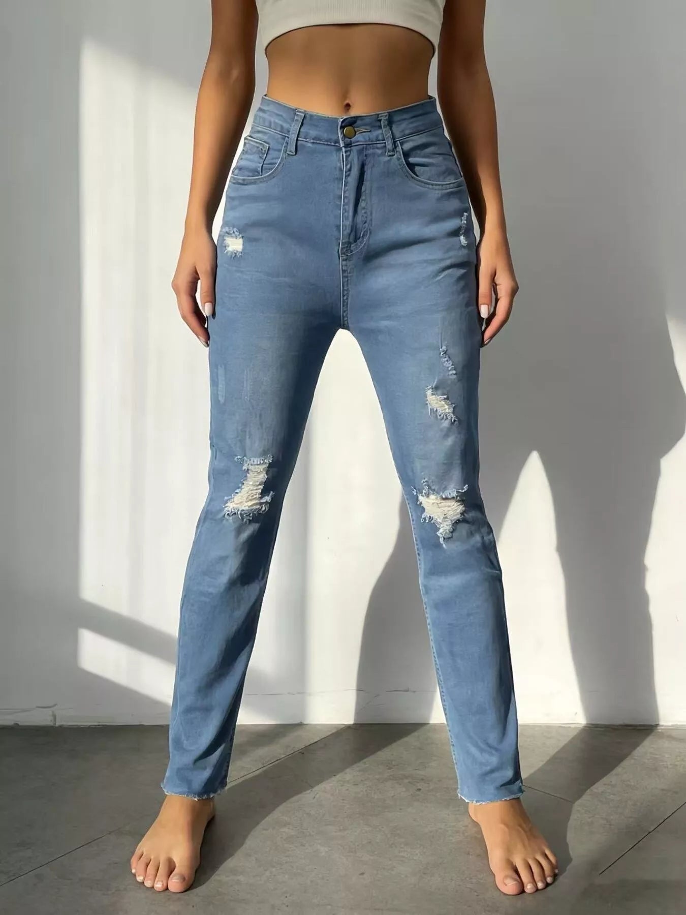 Women's High-Waisted Distressed Jeans – Blue, S–2XL - ShopNQlik